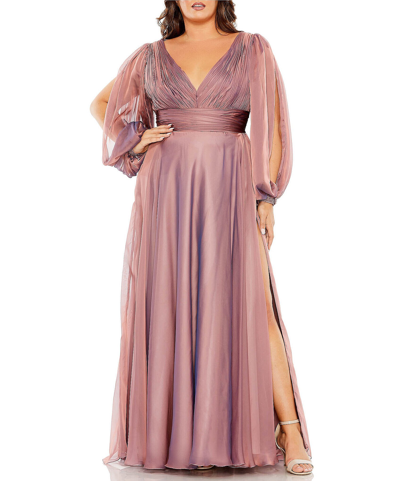 Mac Duggal Plus Size Long Puffed Sleeve With Embellished Cuff V Neck A Line Gown Dillards 