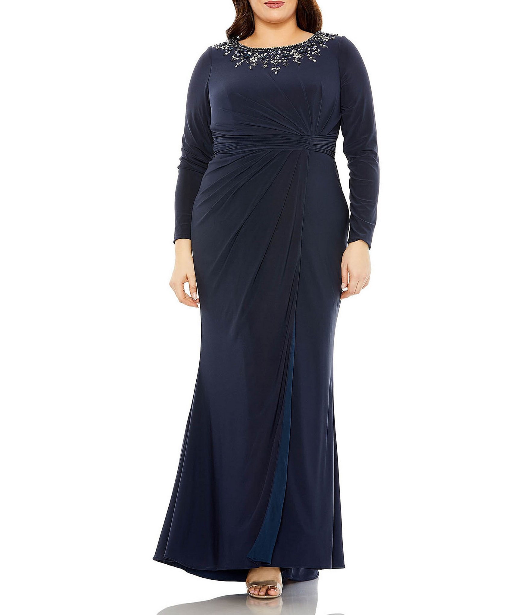 Mac Duggal Plus Size Long Sleeve Bateau Neck Embellished Jersey Gown ...
