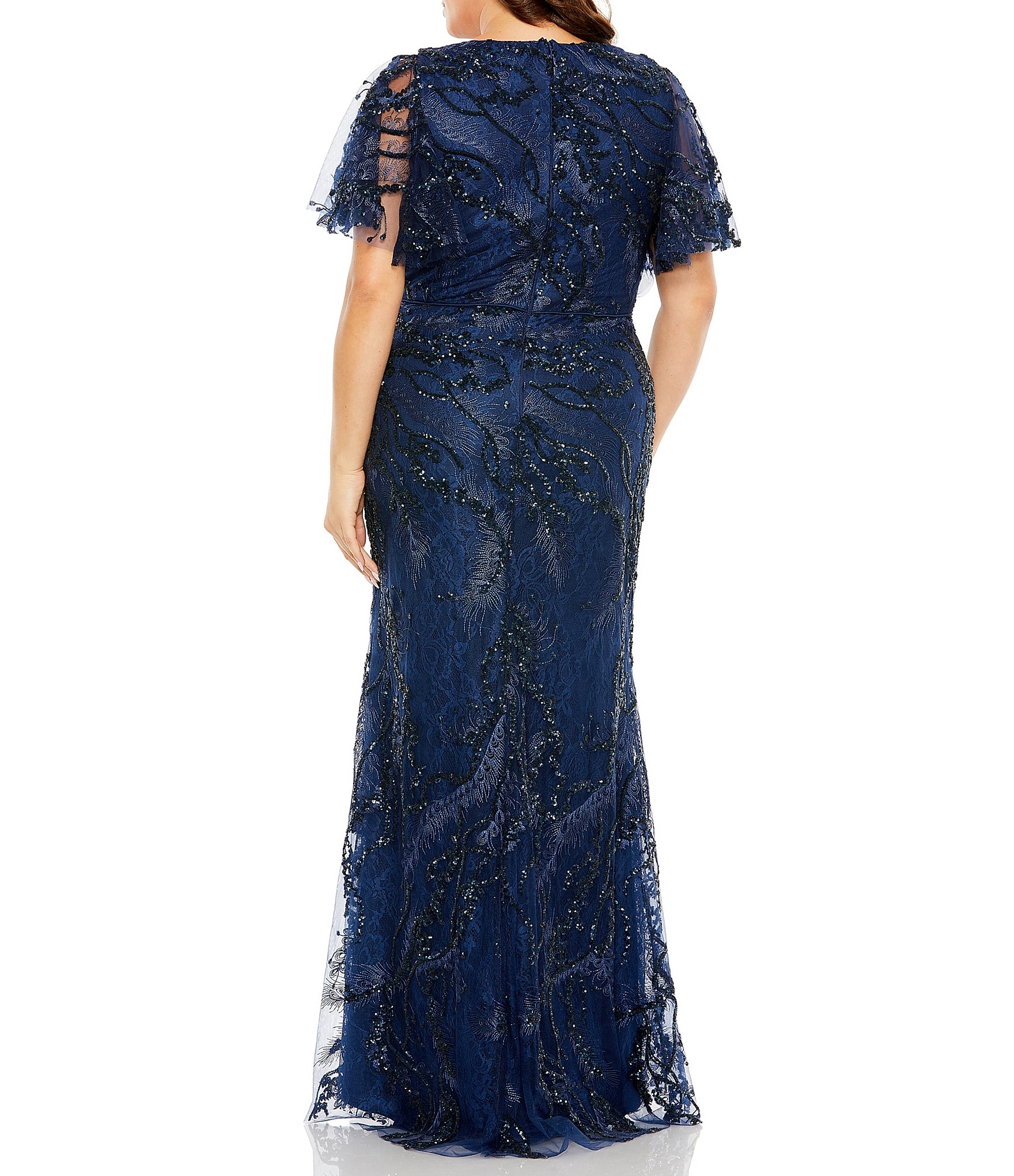 Mac Duggal Plus Size Short Flutter Sleeve V-Neck Embellished Gown