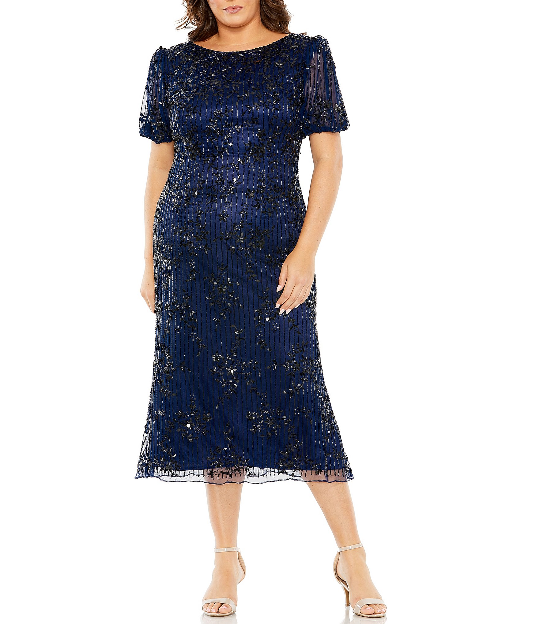 Mac Duggal Plus Size Short Puff Sleeve Bateau Neck Embellished