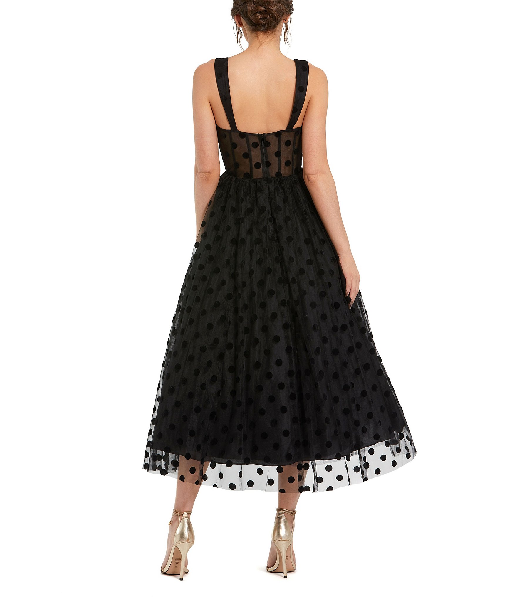 Mac Duggal Polka Dot Net Bustier Sweetheart Neckline A-Line Midi Dress