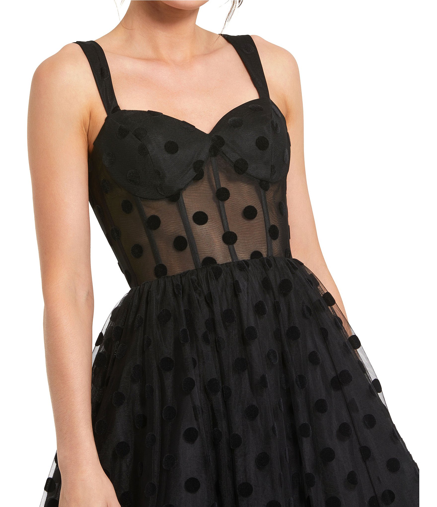 Mac Duggal Polka Dot Net Bustier Sweetheart Neckline A-Line Midi Dress