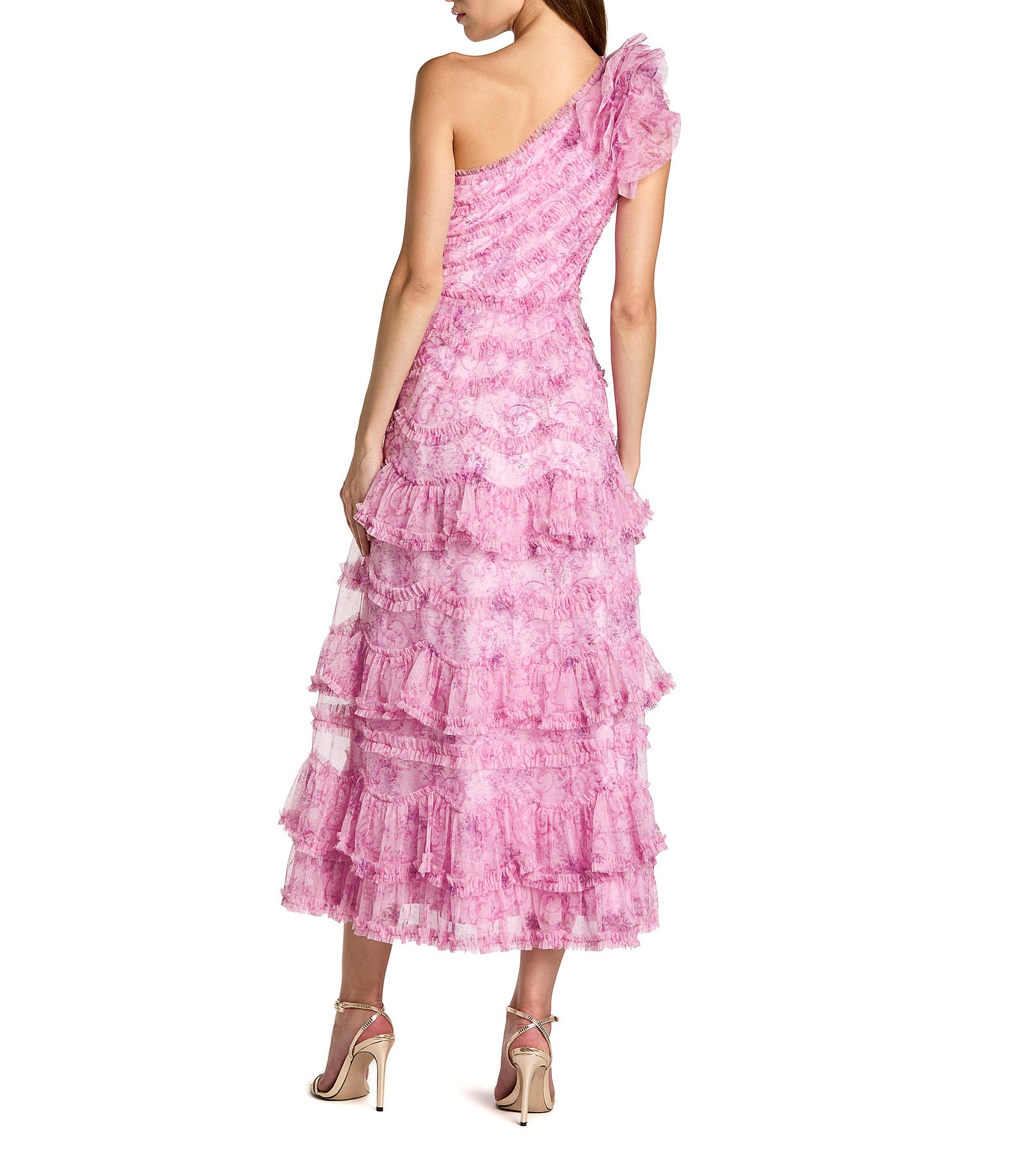 Mac Duggal Printed Mesh One Shoulder Ruffle A-Line Midi Dress