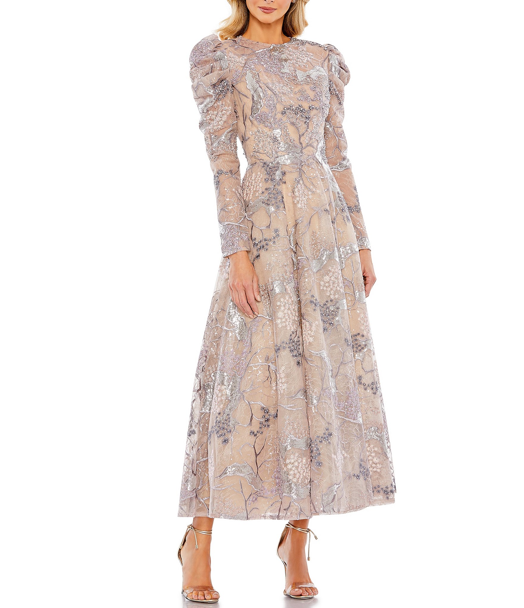 Mac Duggal Ruched Embroidered Mesh Illusion Crew Neck Puff Long Sleeve ...
