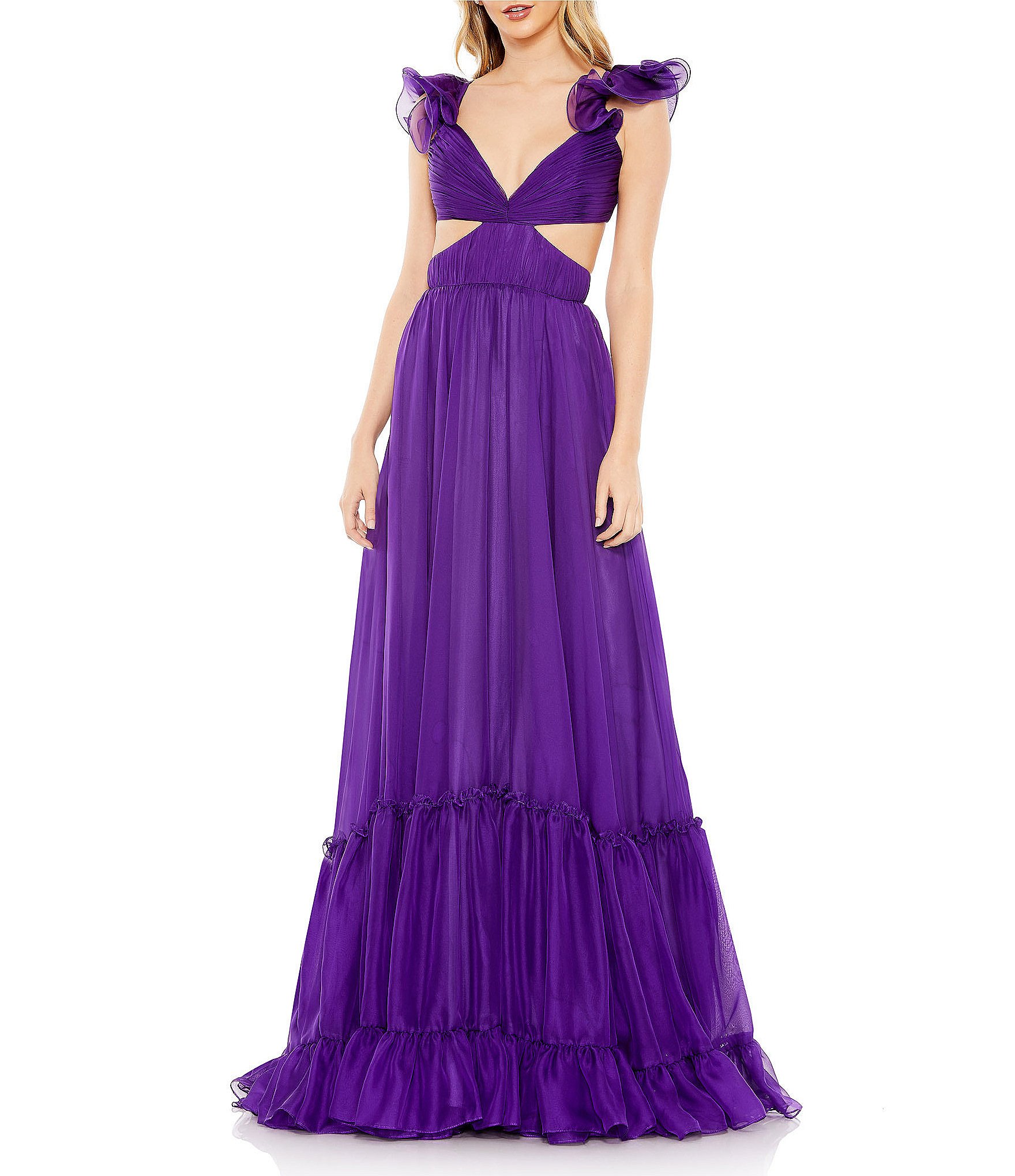 Mac Duggal Ruched Ruffled Shoulder Cut-Out Lace Up Back Gown | Dillard's