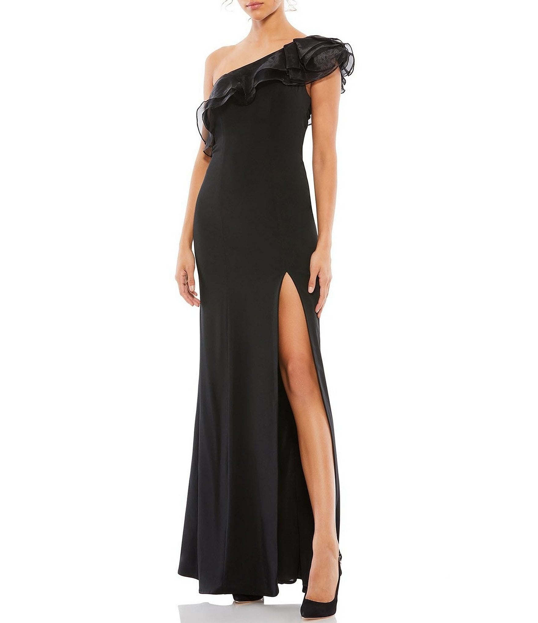 Mac Duggal Embellished Tulle One Shoulder Sleeveless Thigh High Slit High-Low  Gown