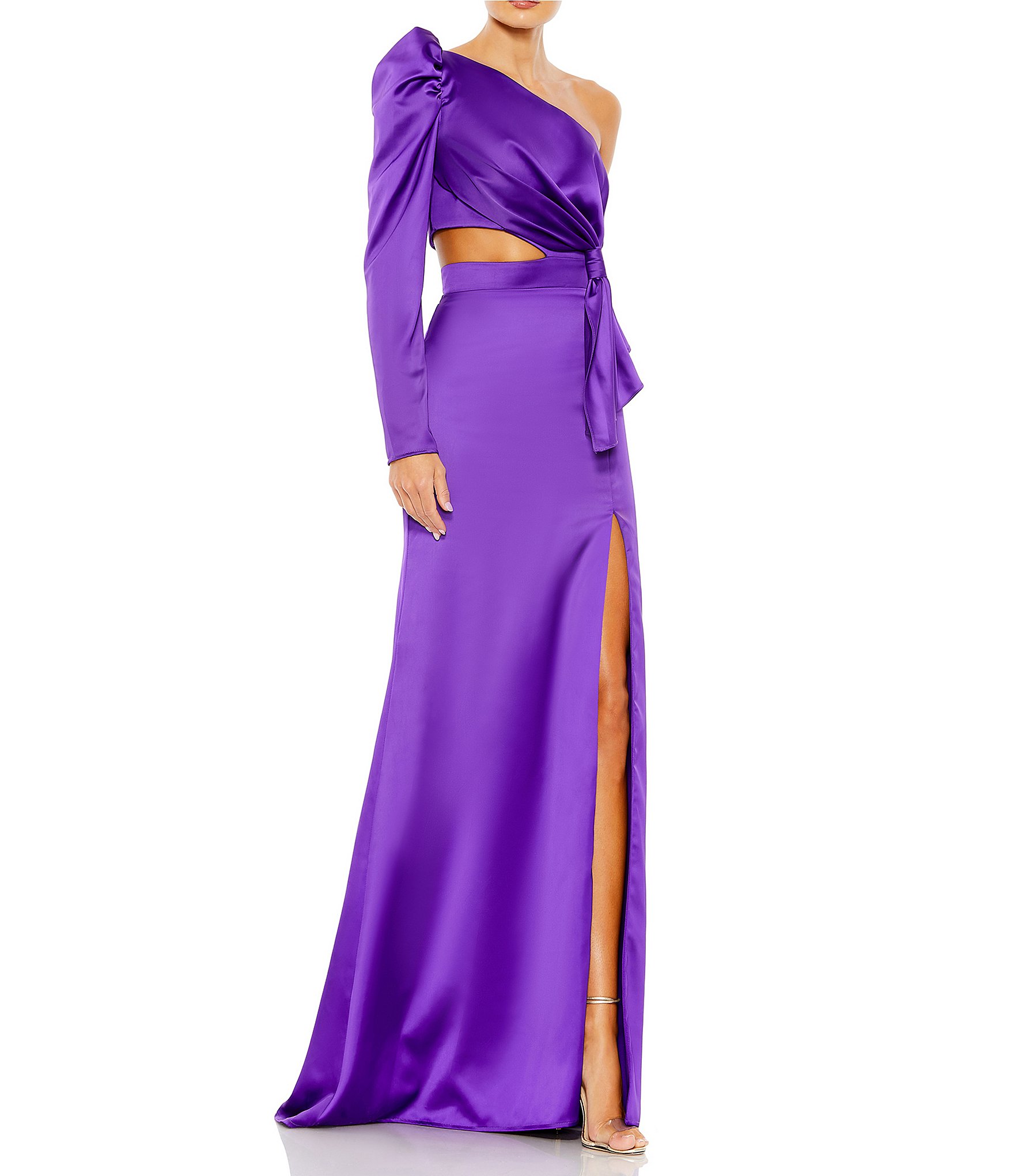 Mac Duggal Satin Asymmetrical One Shoulder Long Puff Sleeve Cut Out ...