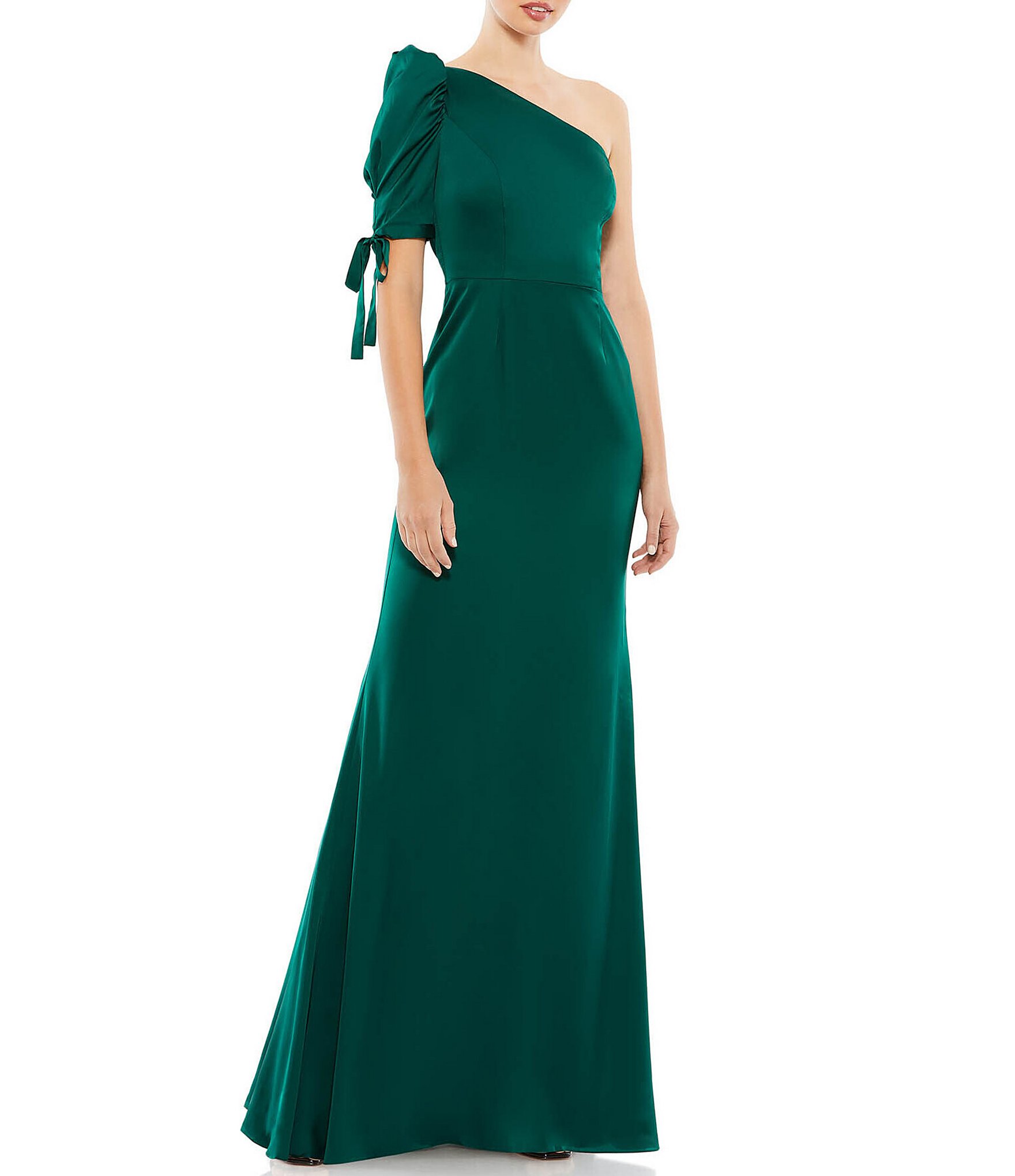 Mac Duggal Satin Asymmetrical One Shoulder Tie Short Puff Sleeve Sheath ...