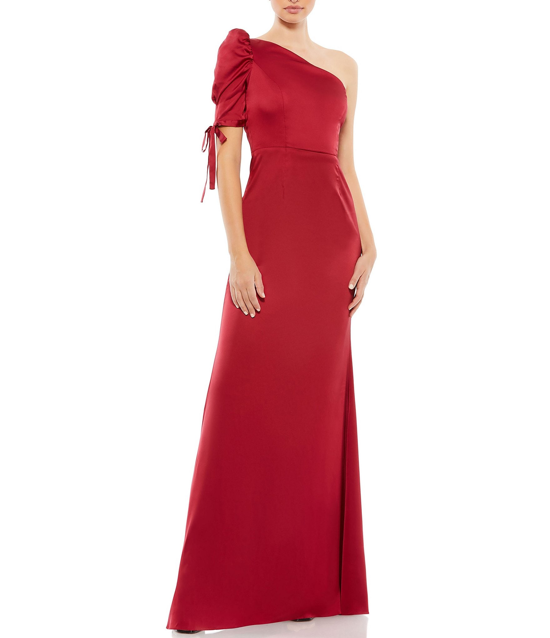 MAC DUGGAL ワンスリーブ タキシードドレス Asymmetrical Mac Duggal Satin Asymmetrical One Shoulder Tie Short Puff