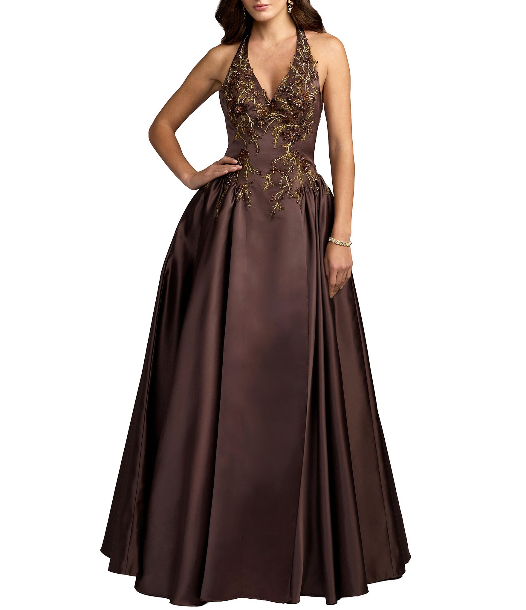 Mac Duggal Satin Beaded Halter Sleeveless Ball Gown