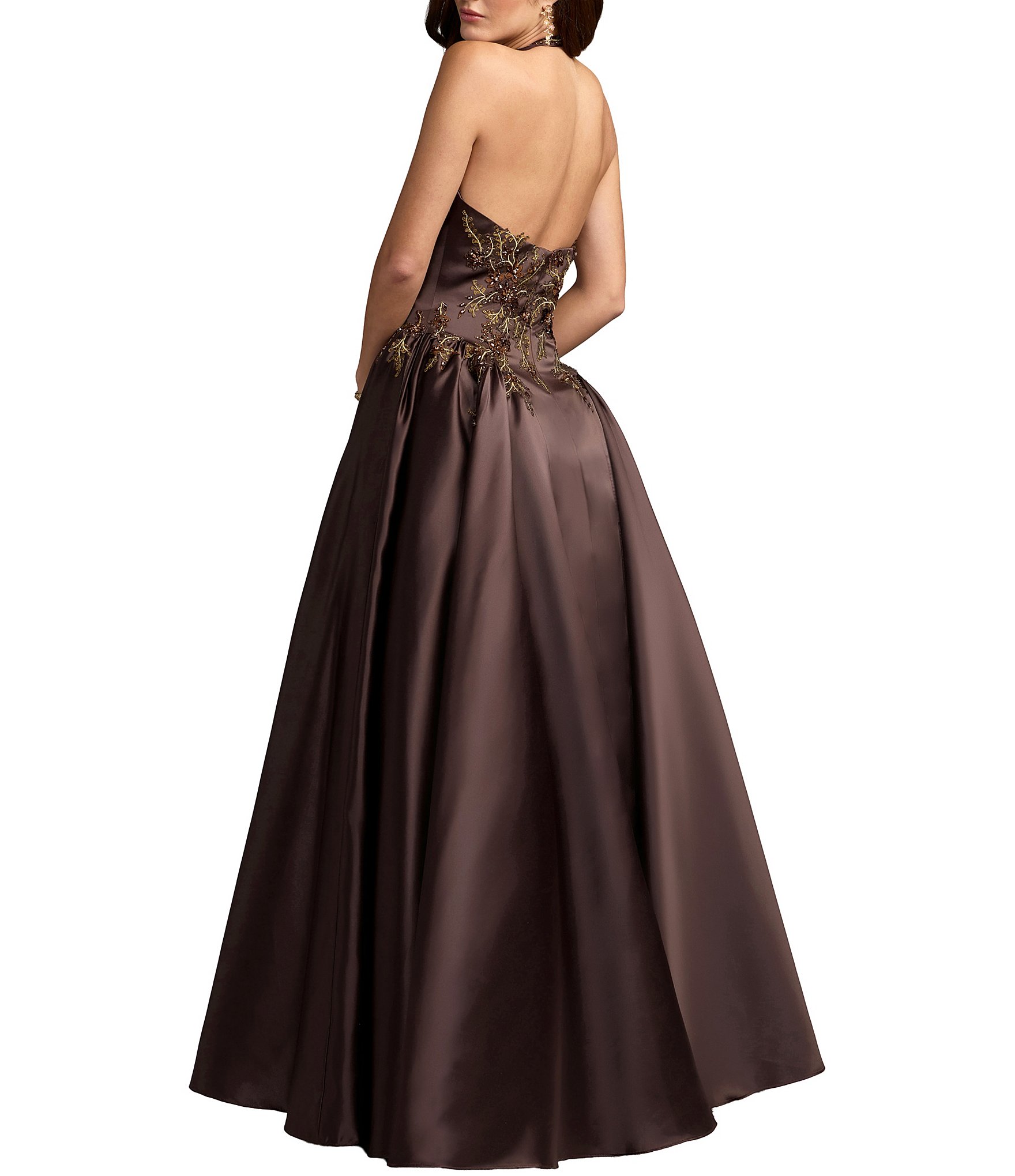 Mac Duggal Satin Beaded Halter Sleeveless Ball Gown