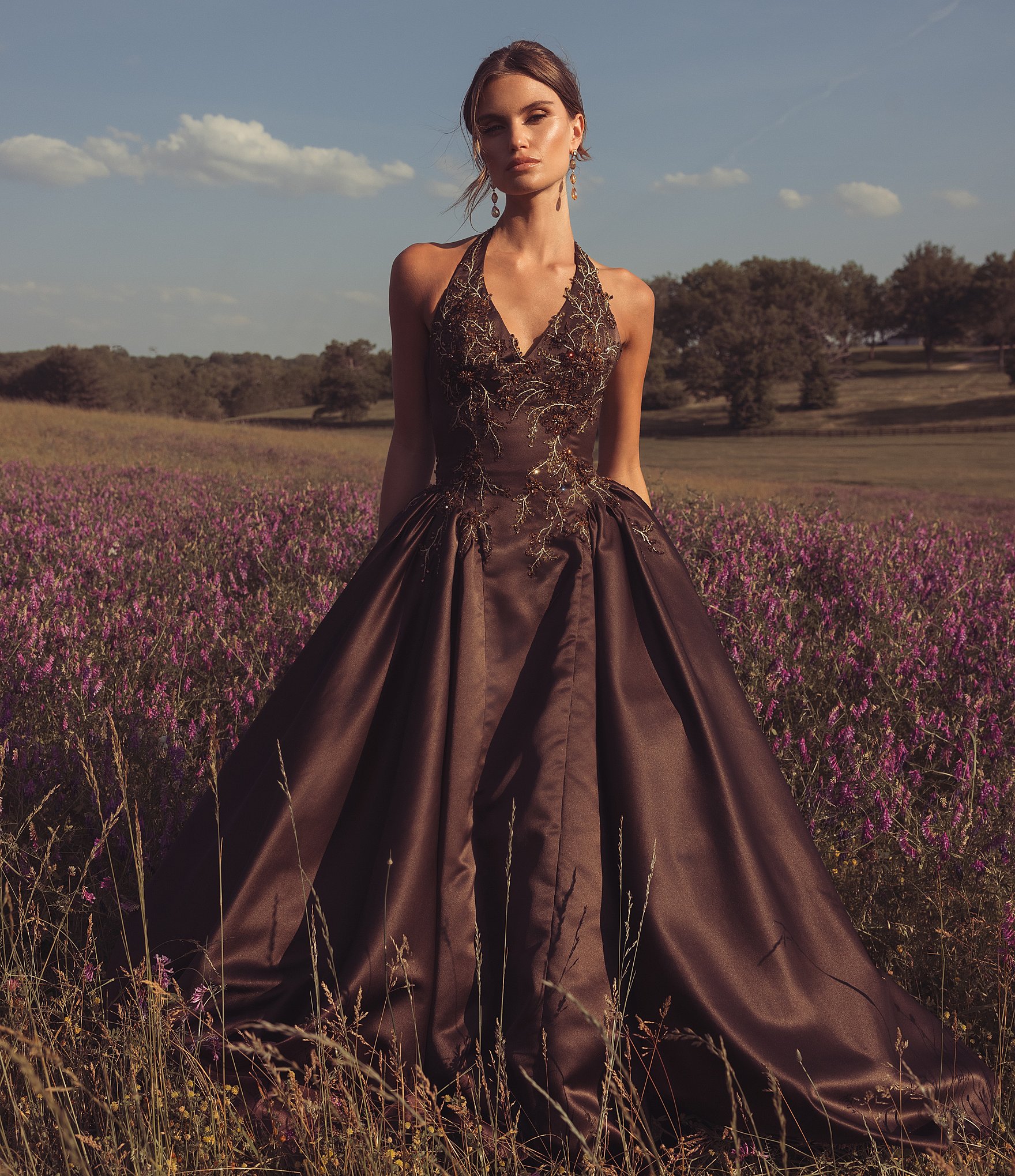 Mac Duggal Satin Beaded Halter Sleeveless Ball Gown