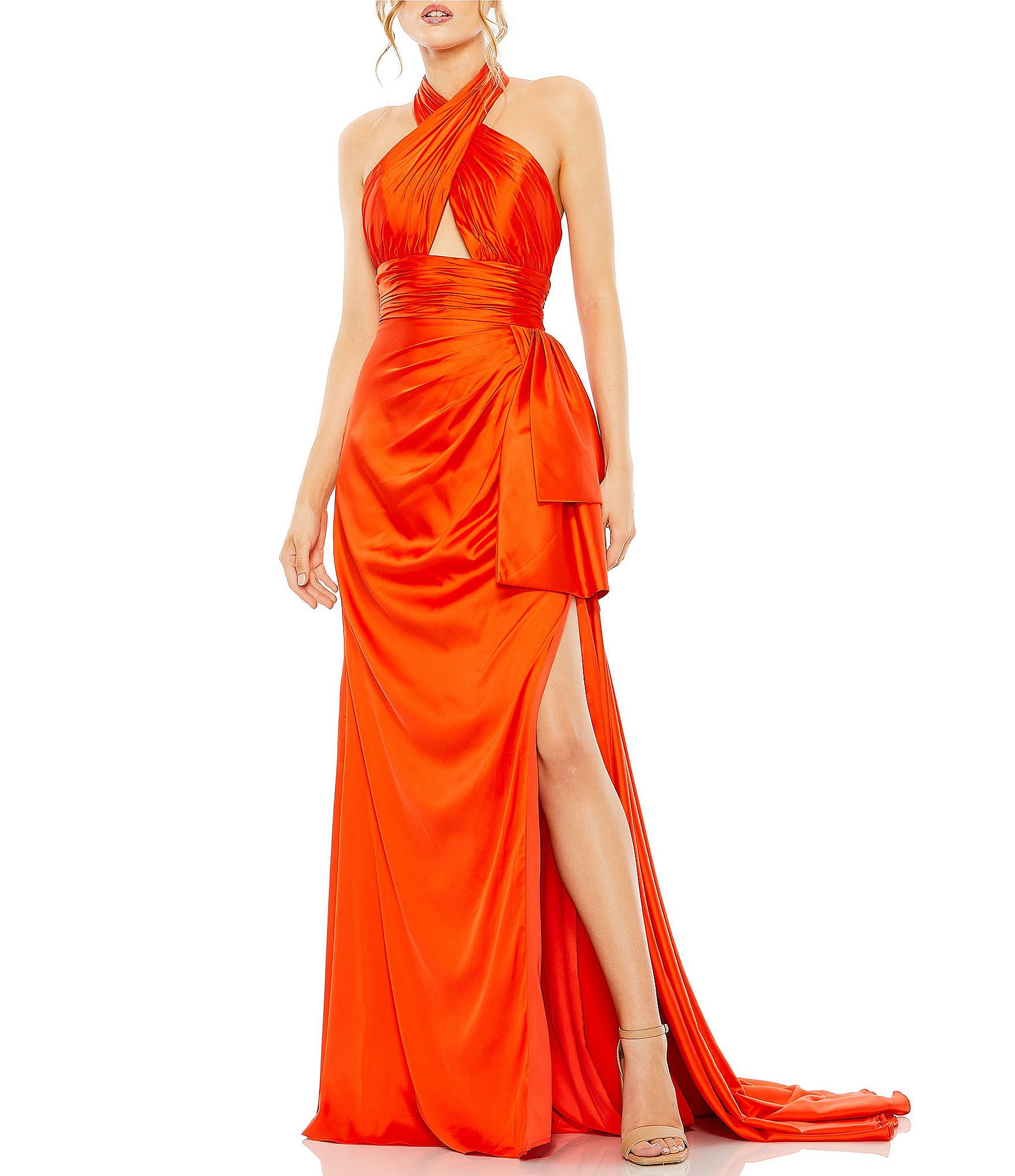 Mac Duggal Satin Criss Cross Halter Neckline Sleeveless Ruffle Side