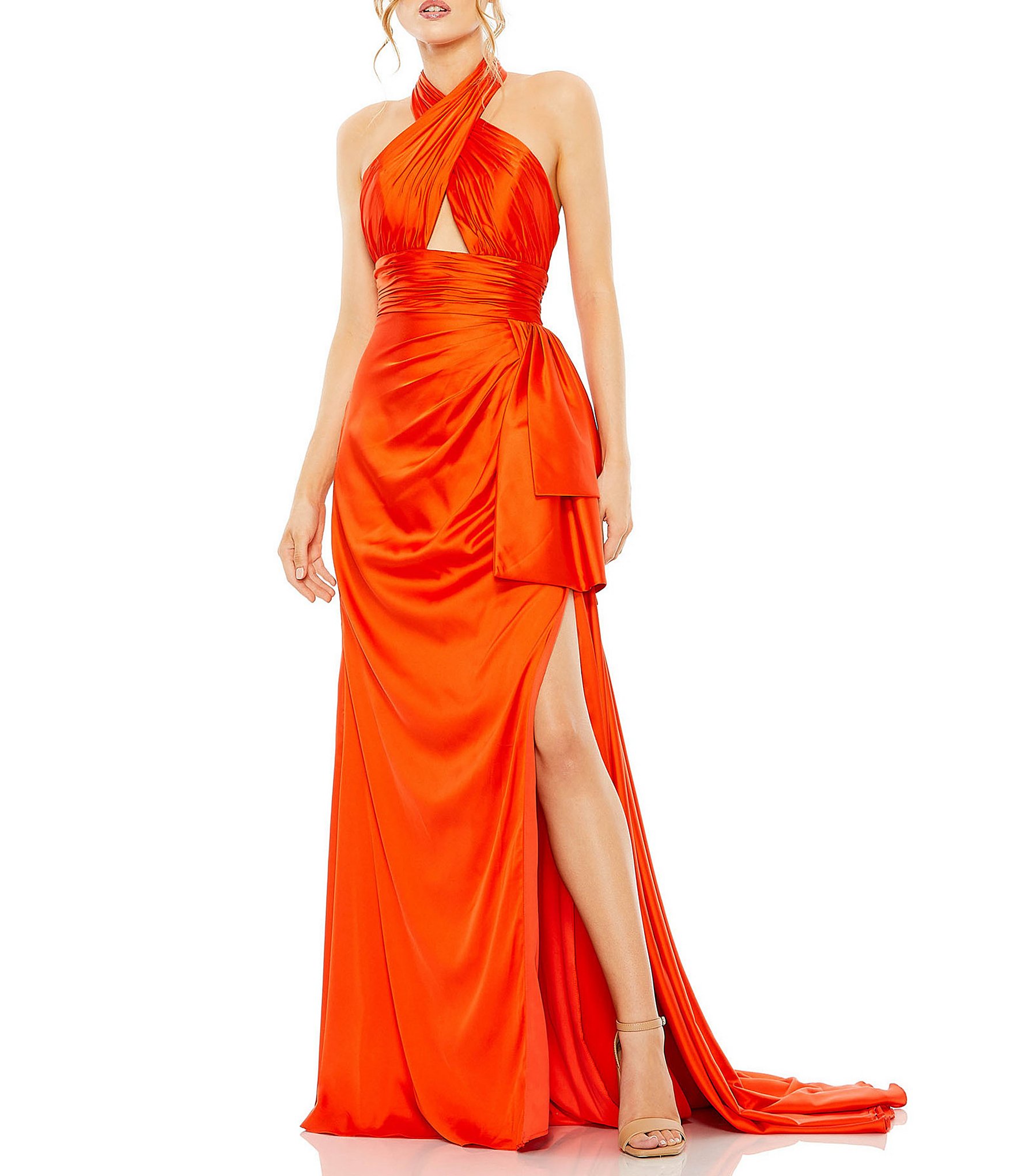 Kay Unger Stretch Sleeveless Criss Cross Halter Neck Gown