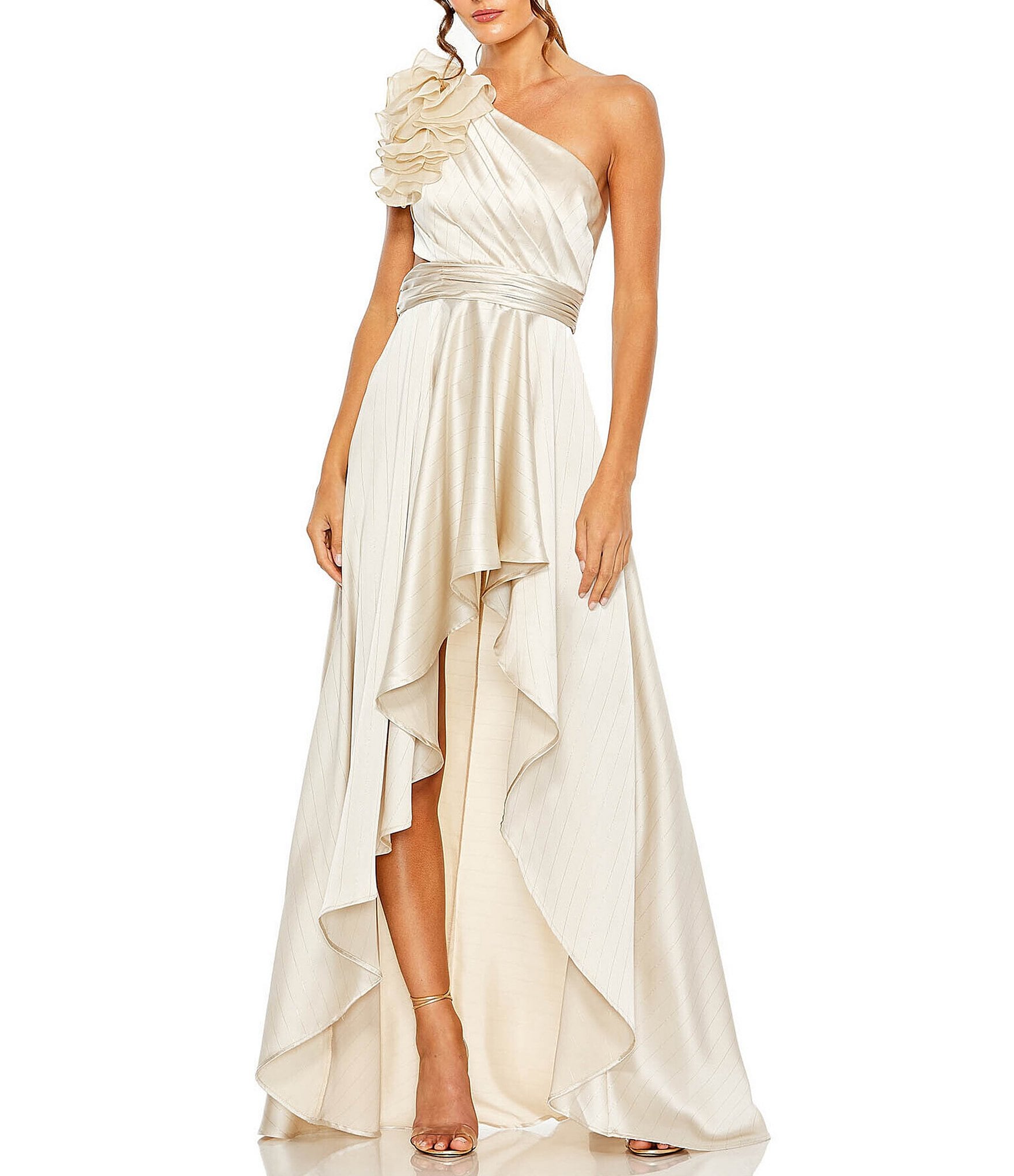 Mac Duggal White offers Plunge Neck Ruffled High Low Gown