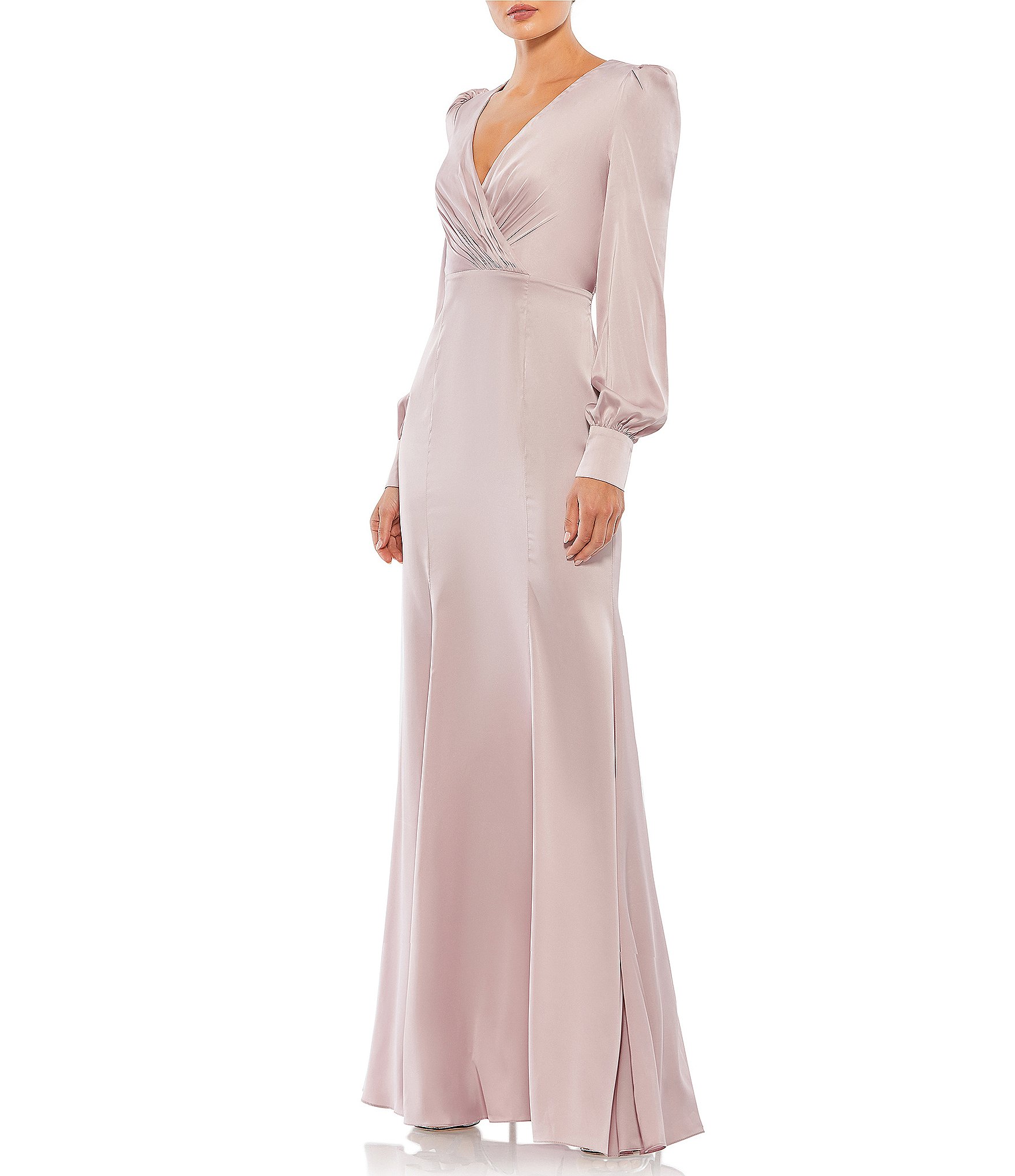Mac Duggal Satin Surplice V Neck Long Bishop Sleeve Ruched A Line Gown