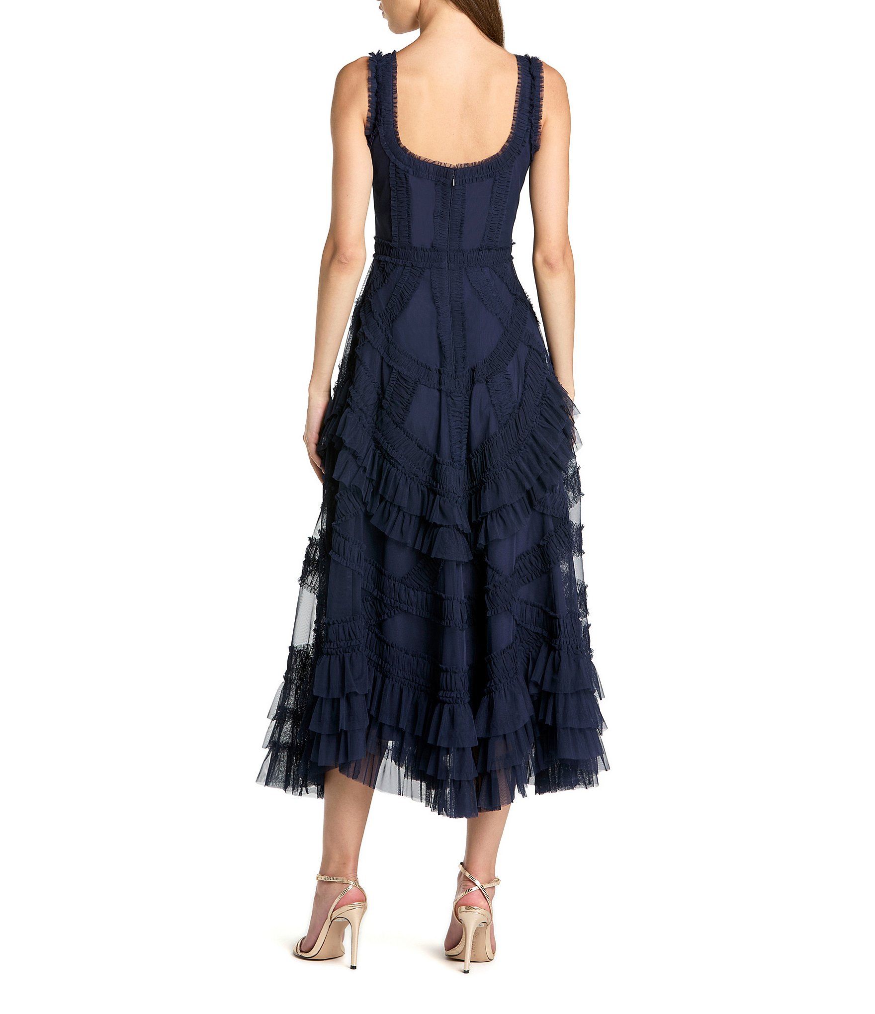 Mac Duggal Scoop Neck Sleeveless Micro Ruffle Mesh Aline Midi Dress