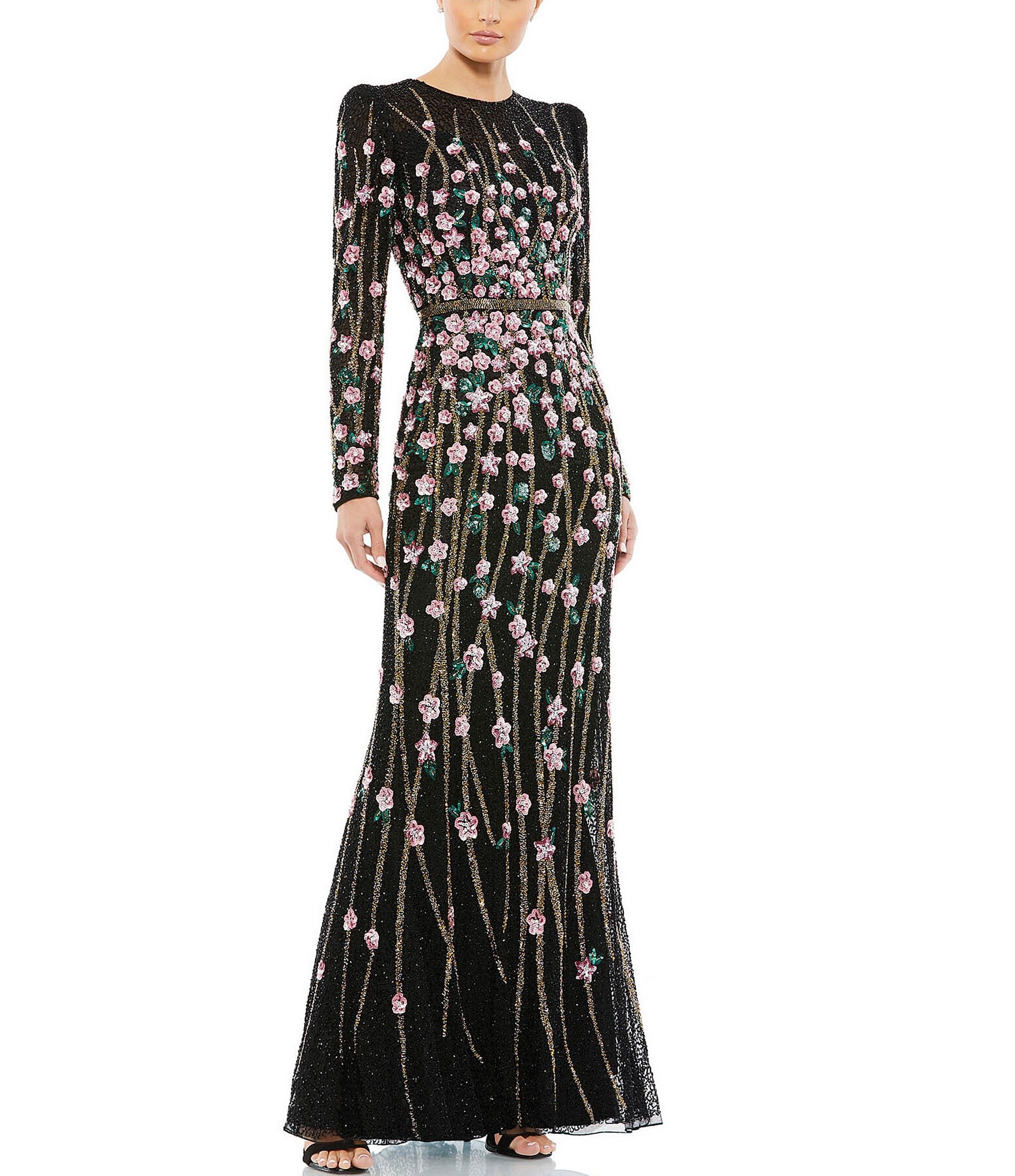 Mac Duggal Sequin And Beaded Jewel Neckline Long Sleeve Gown | Dillard's