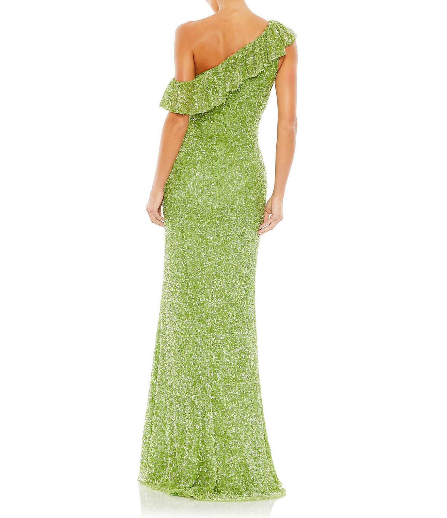 Mac Duggal Sequin Asymmetrical Ruffle Neck Short Sleeve Gown