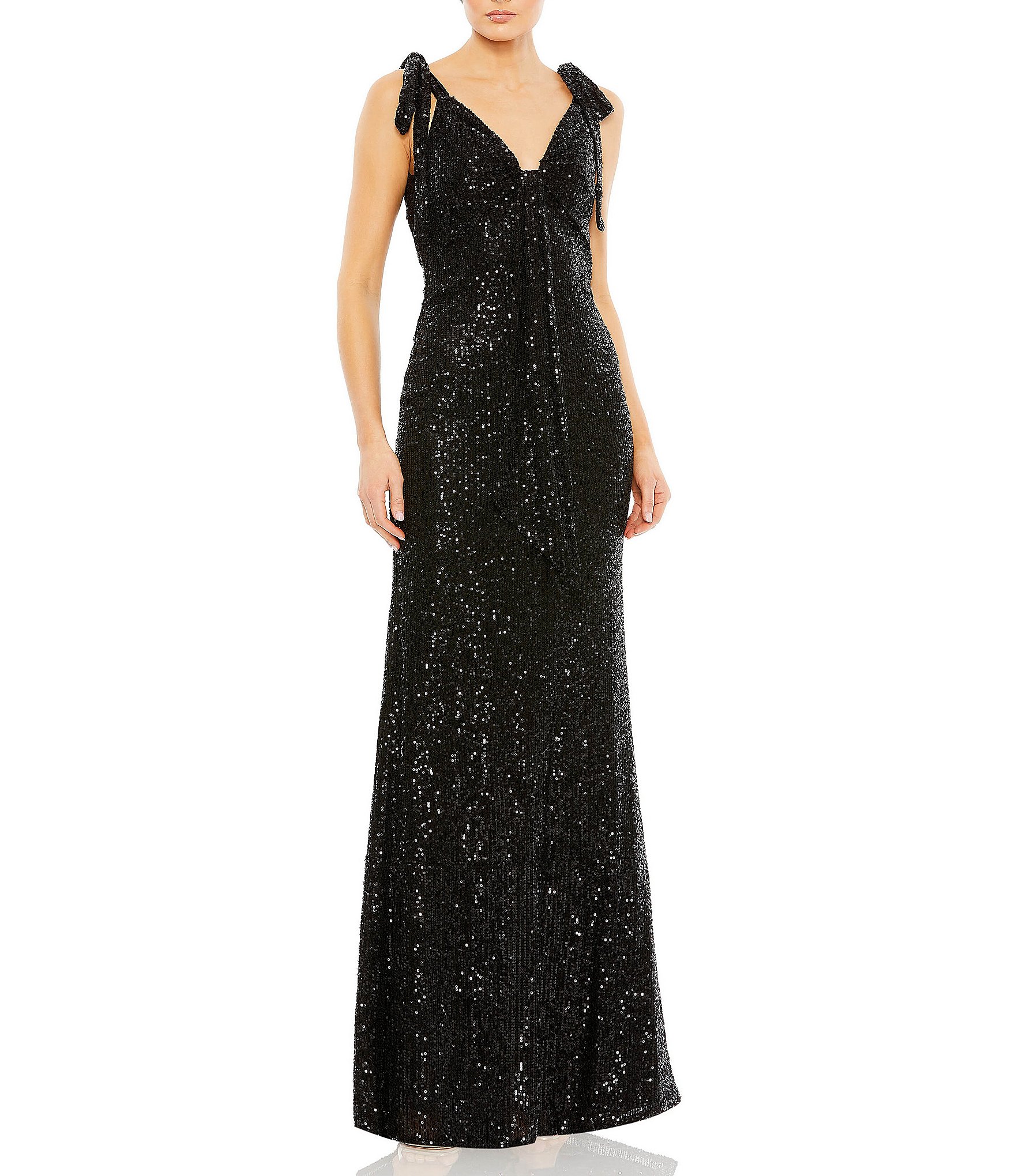 Mac Duggal Sequin Bow Shoulder Low Back Gown | Dillard's