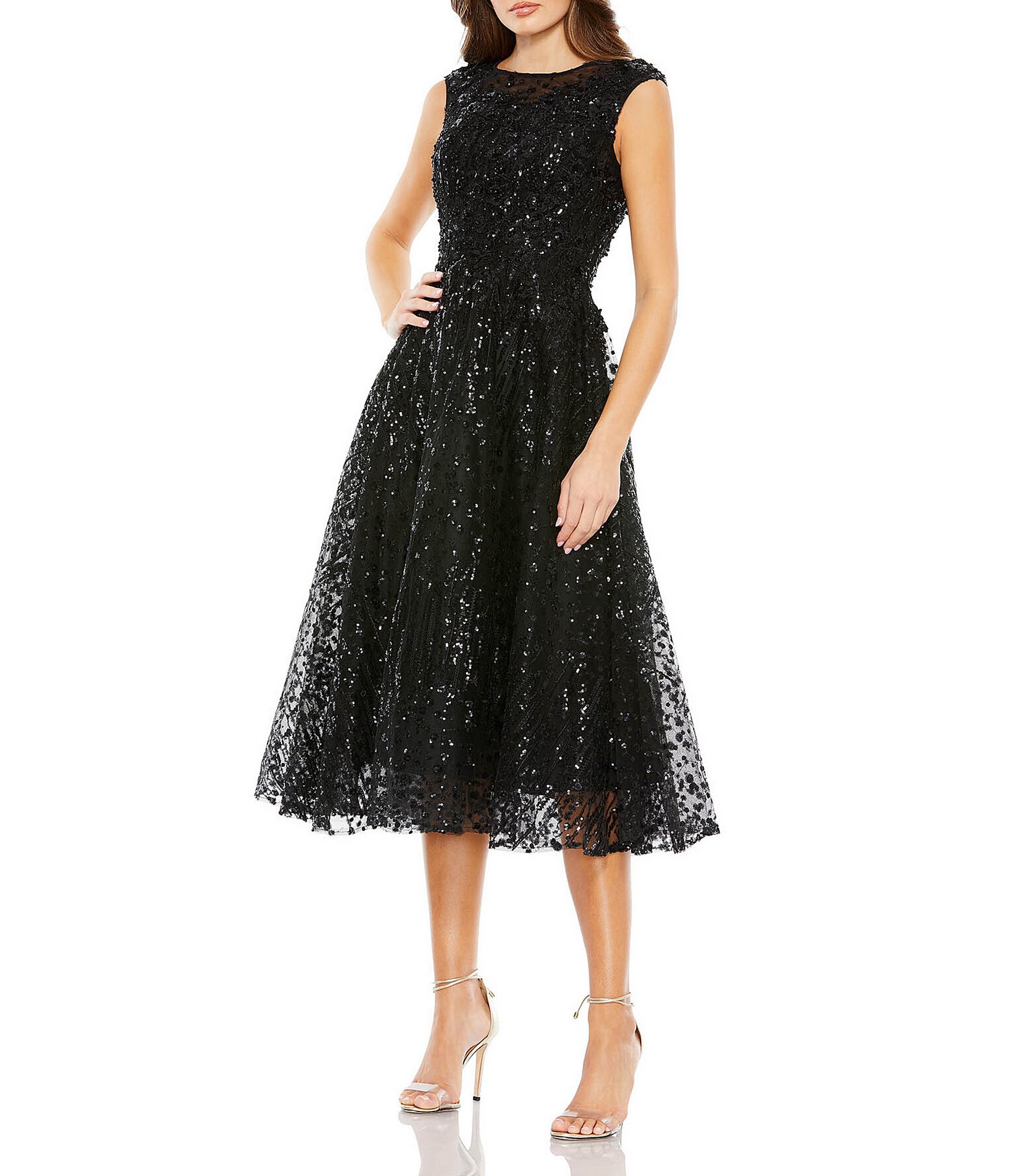 Mac Duggal Sequin Cap Sleeve Crew Neck A-Line Dress | Dillard's