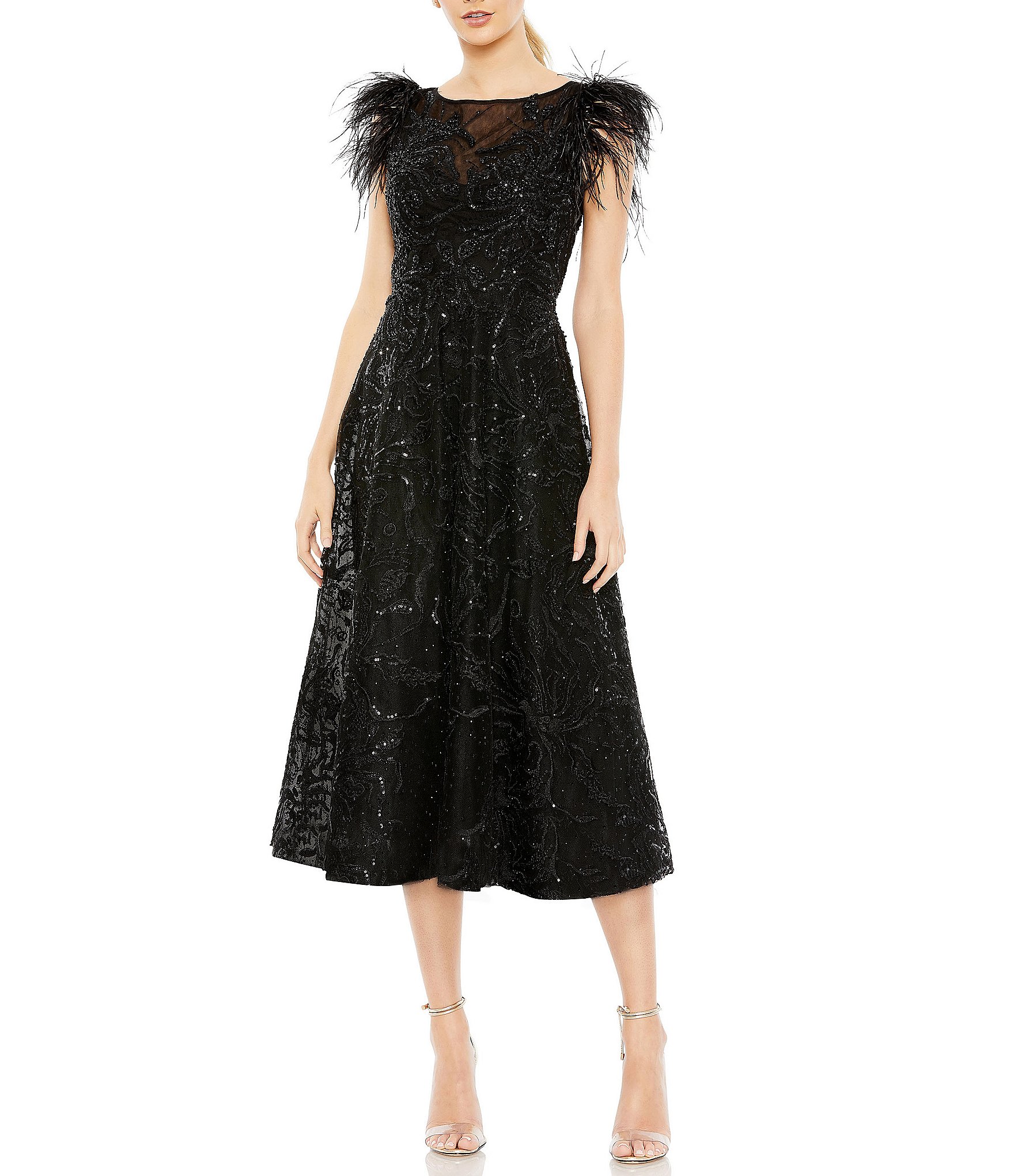 Mac Duggal Sequin Embellished Illusion Boat Neck Feather Shoulder ...