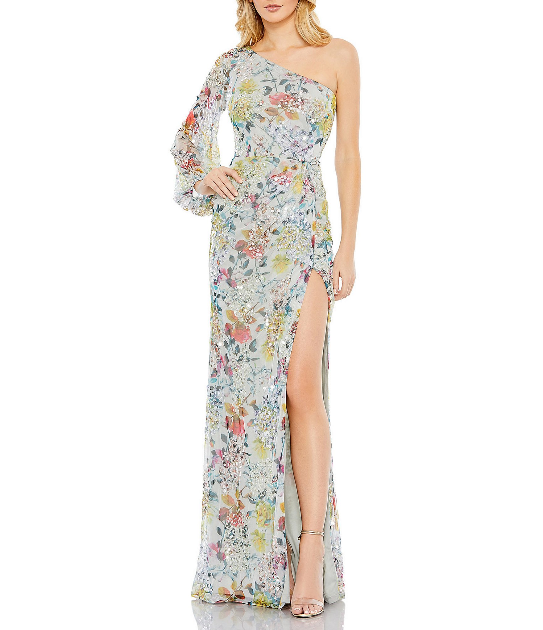 Mac Duggal Sequin Floral Asymmetric Neck One Long Sleeve Thigh High Slit Gown Dillards 1204