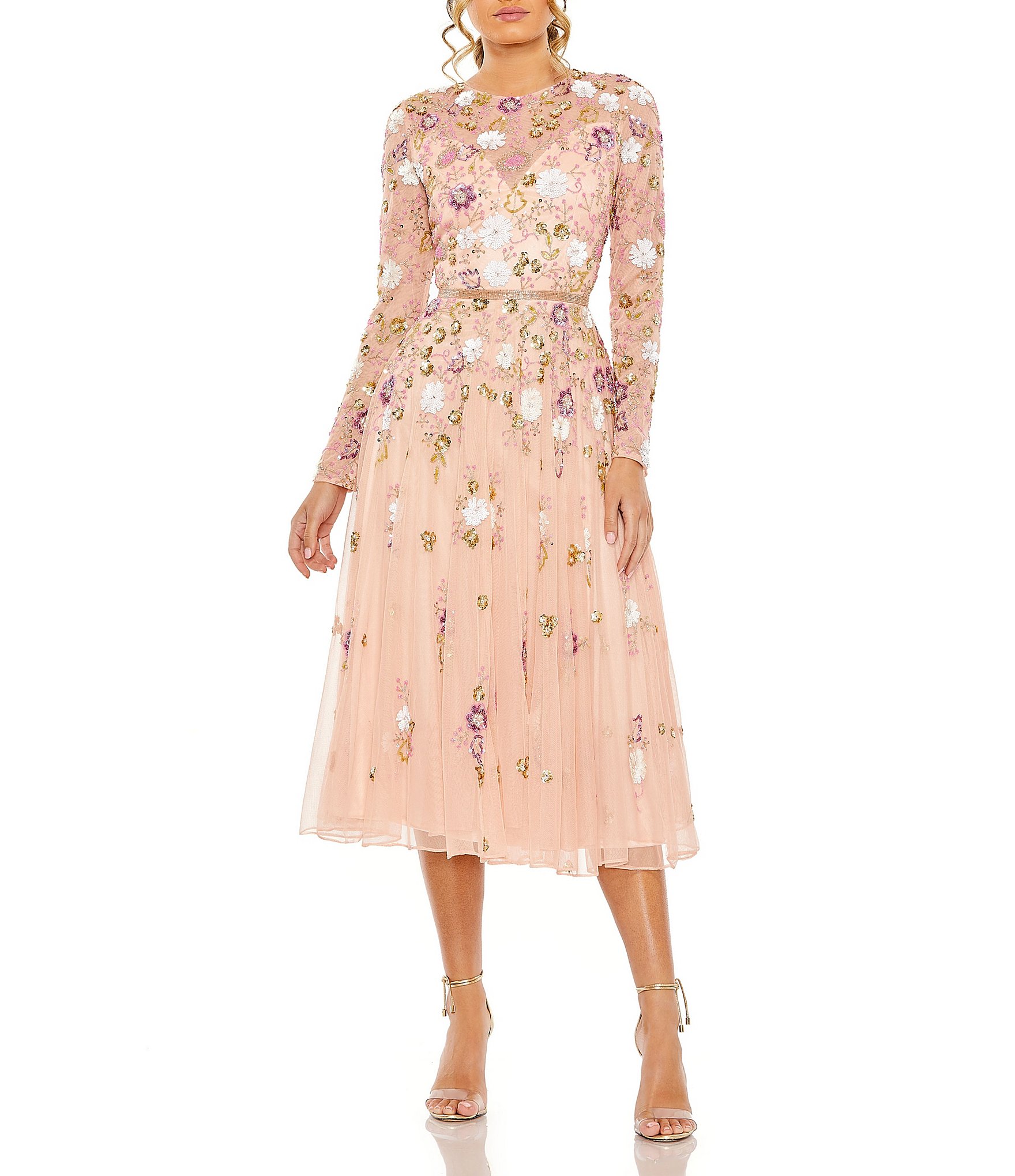 Mac Duggal Sequin Floral Crew Neck Long Sleeve Midi Dress | Dillard's