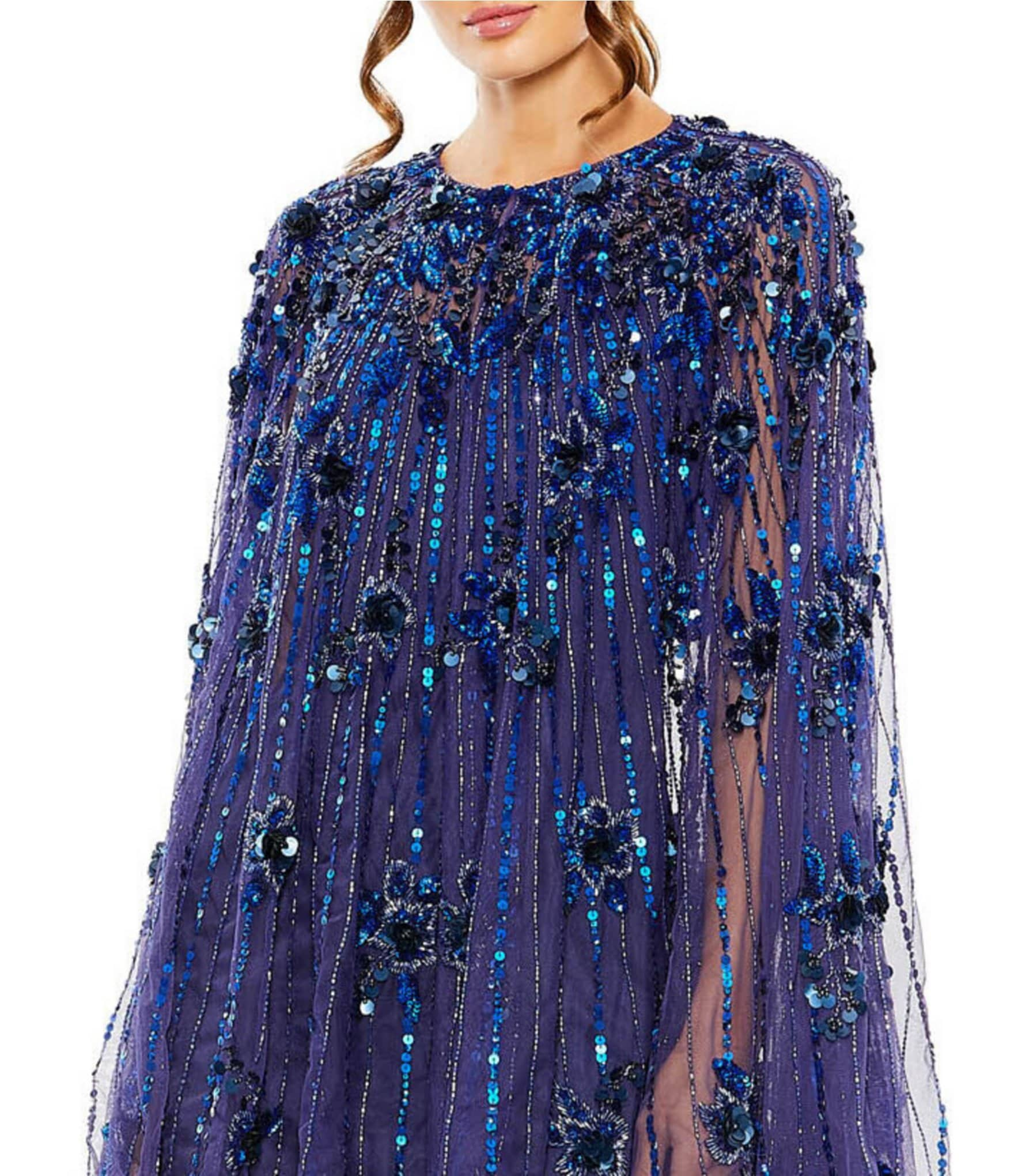 Mac Duggal Sequin Illusion Long Bell Sleeve Crew Neck Mini Dress