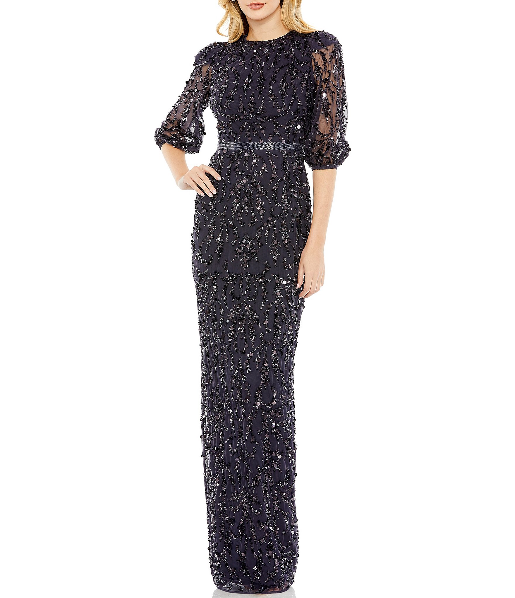 Mac Duggal Sequin Illusion Puff Elbow Sleeve Gown Dillard's
