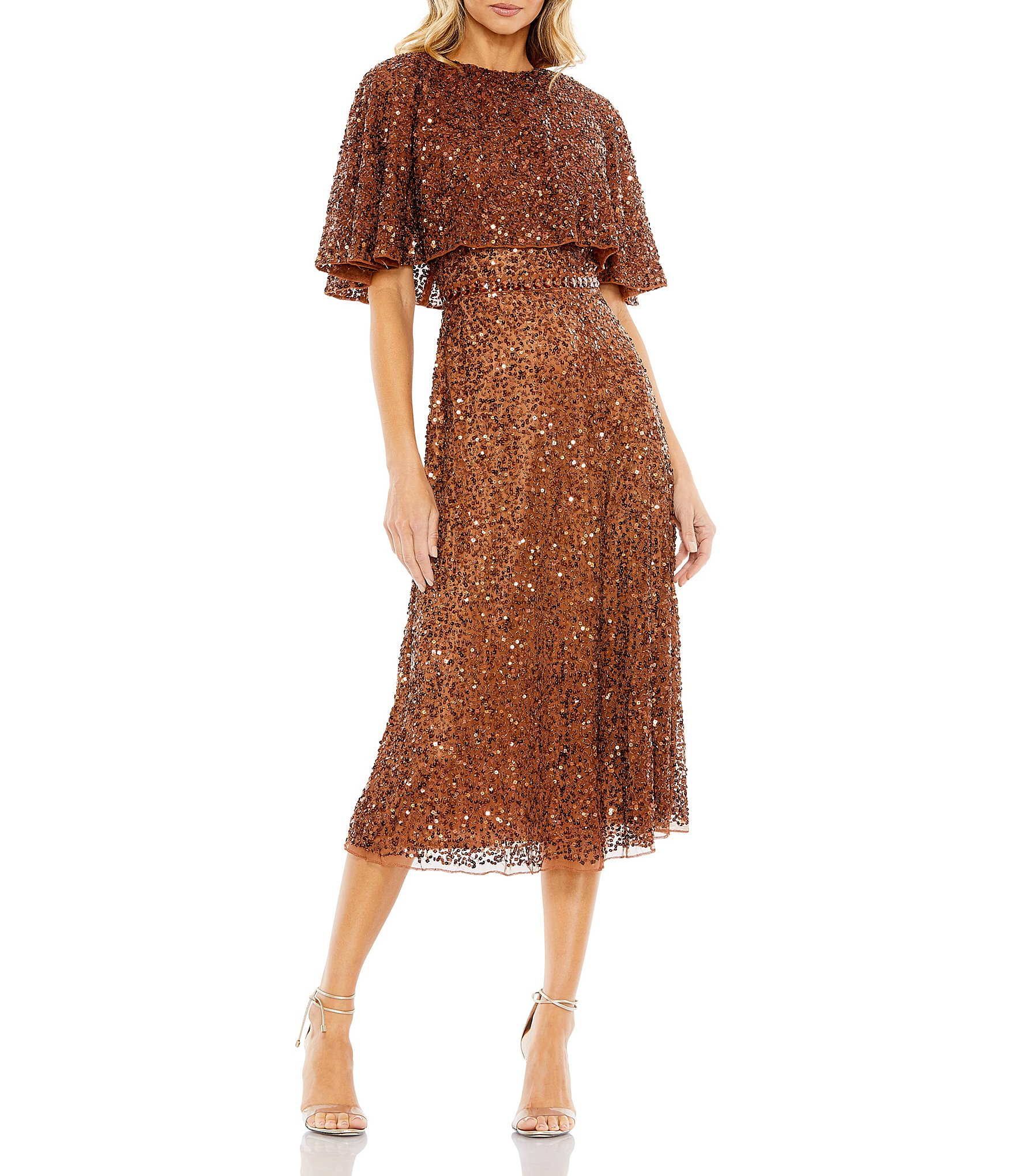 Mac Duggal Sequin Crew Neck Short Sleeve Cape Back Midi Dress | Dillard's