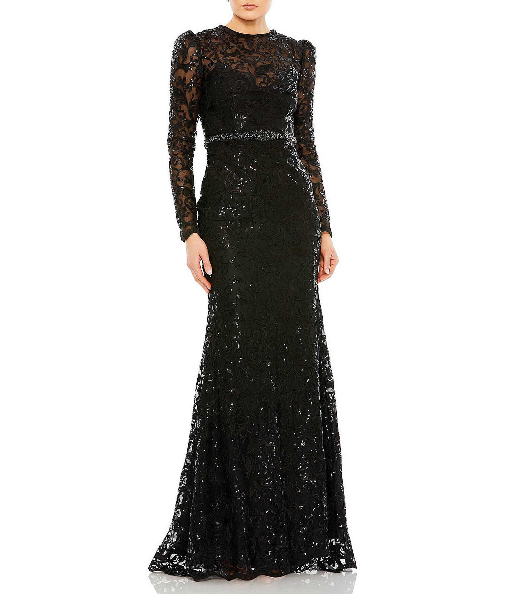 Mac Duggal Sequin Lace Crew Neckline Long Sleeve Gown | Dillard's