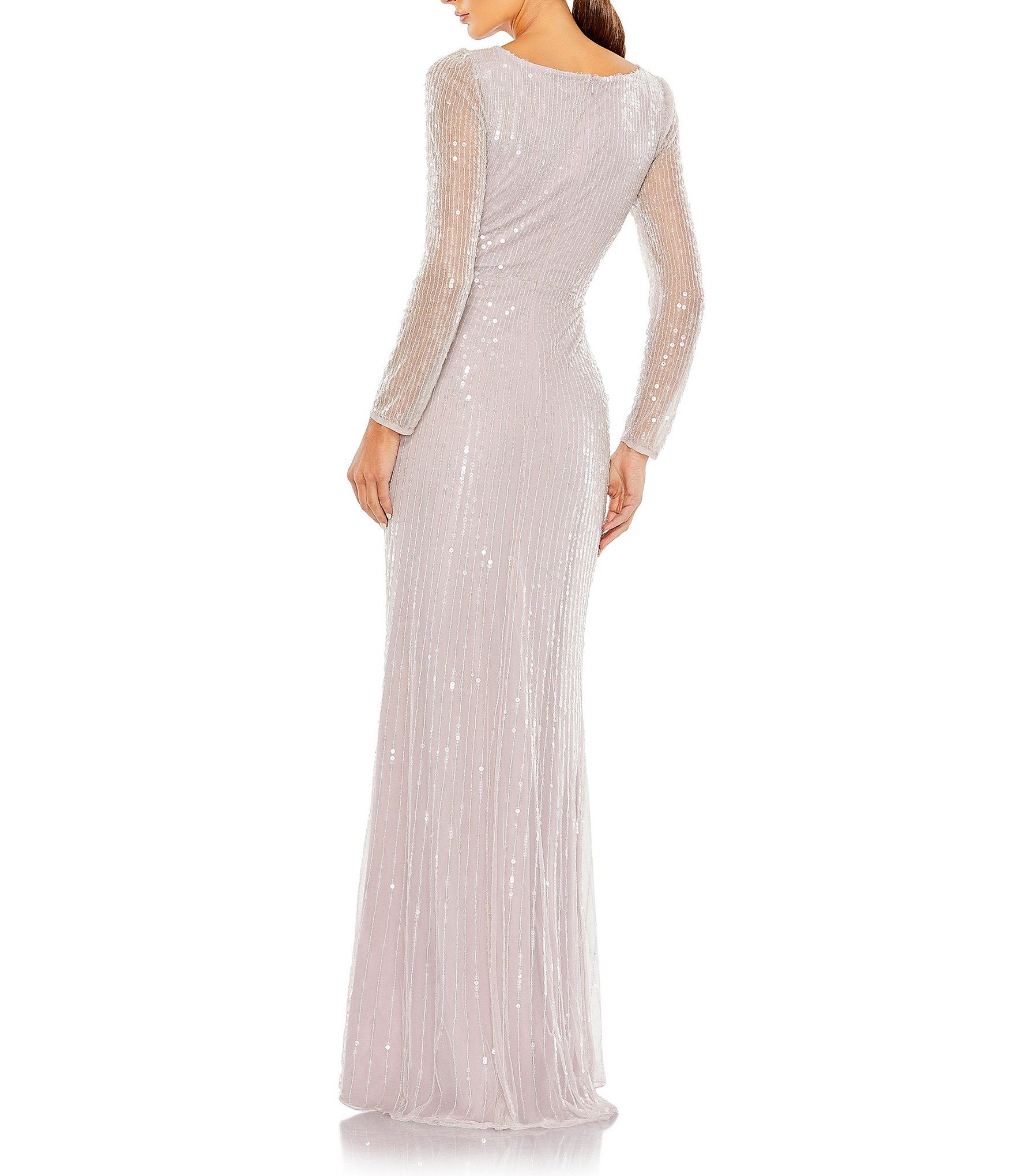 Mac Duggal Sequin Long Sleeve Surplice V-Neck Faux Wrap Thigh High Slit Sequin Gown