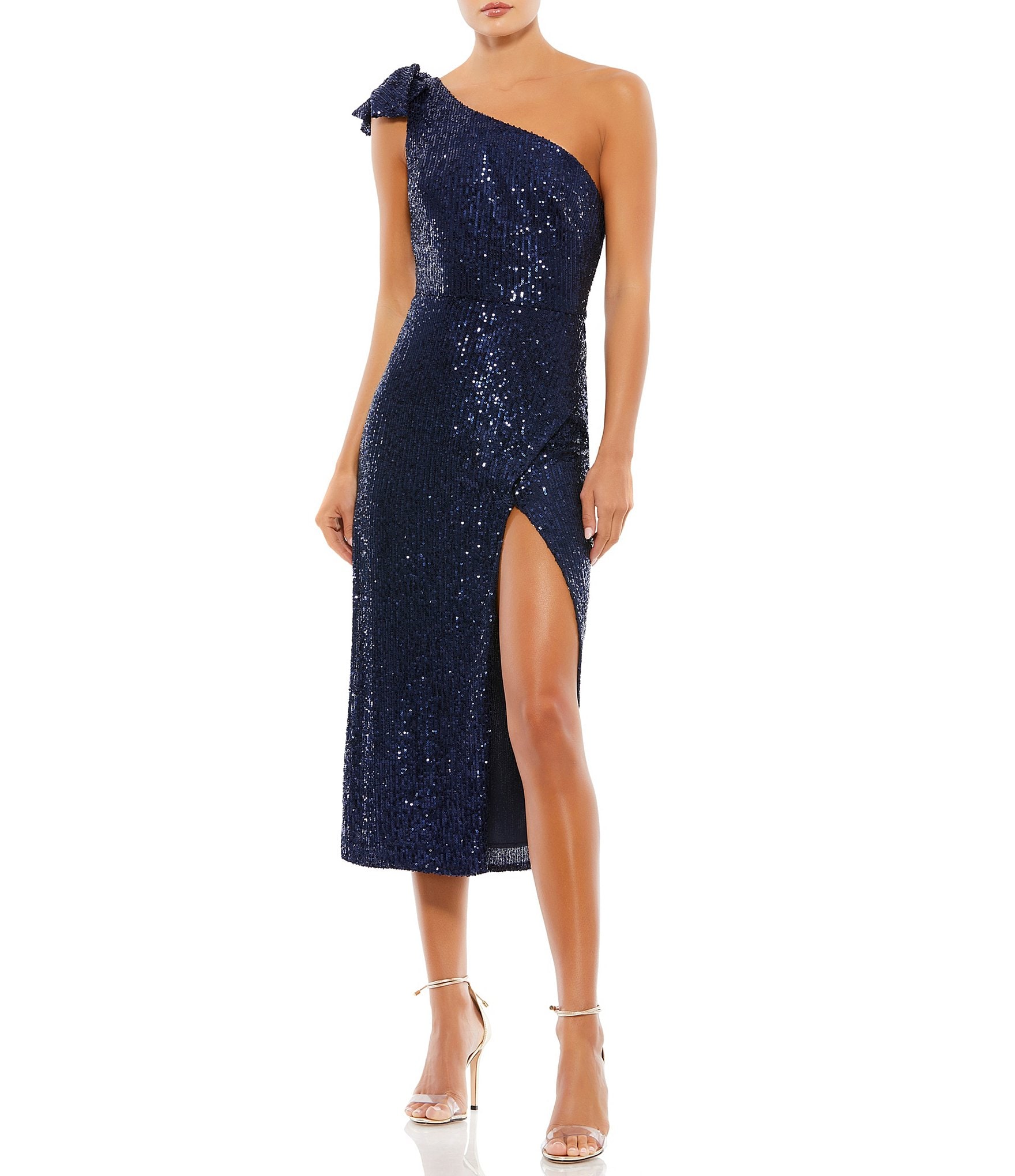 Mac Duggal Sequin One Shoulder Bow Midi Dress | Dillard's