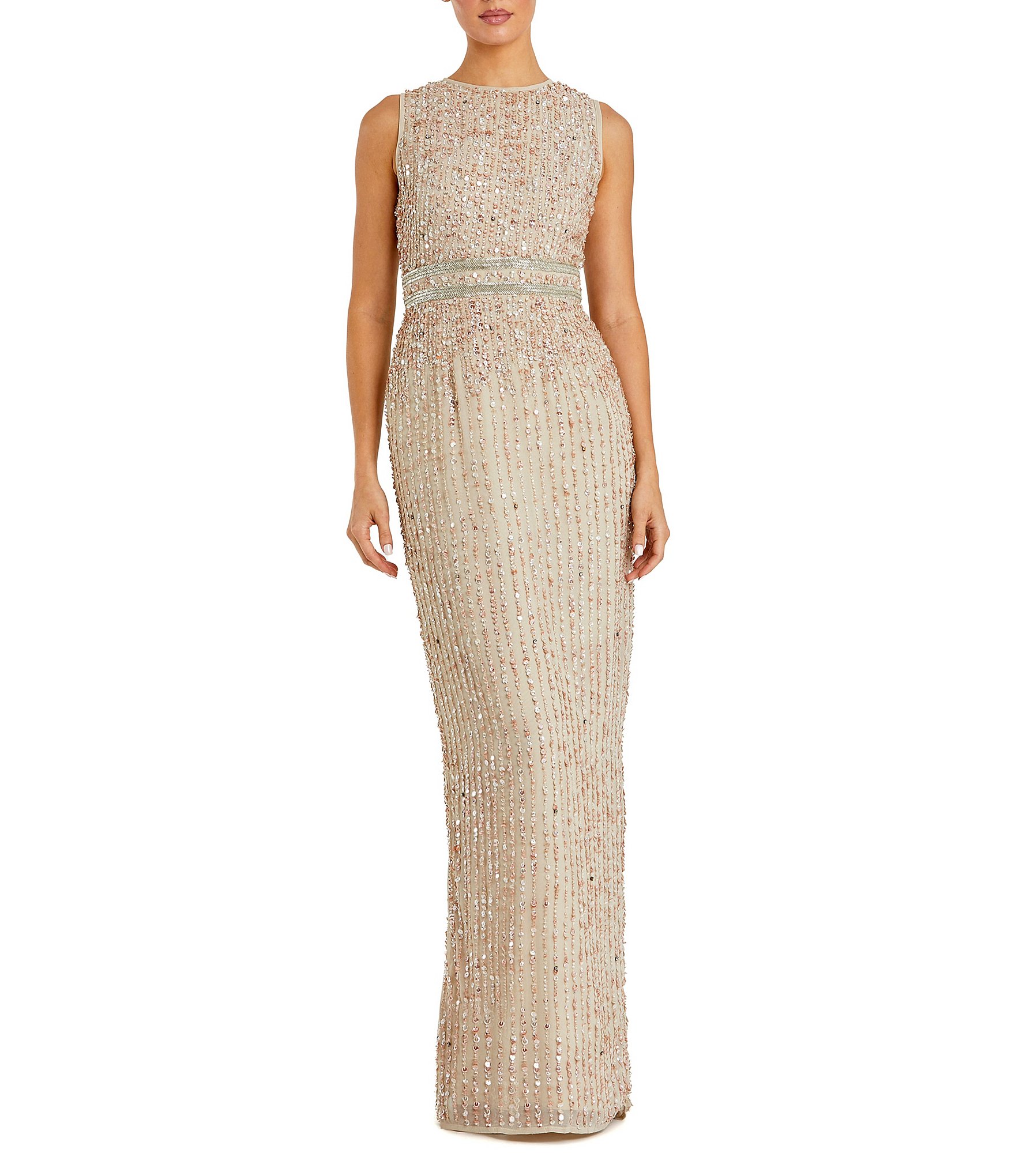 Mac Duggal Sequin Sleeveless High Crew Neck Back Slit Sheath