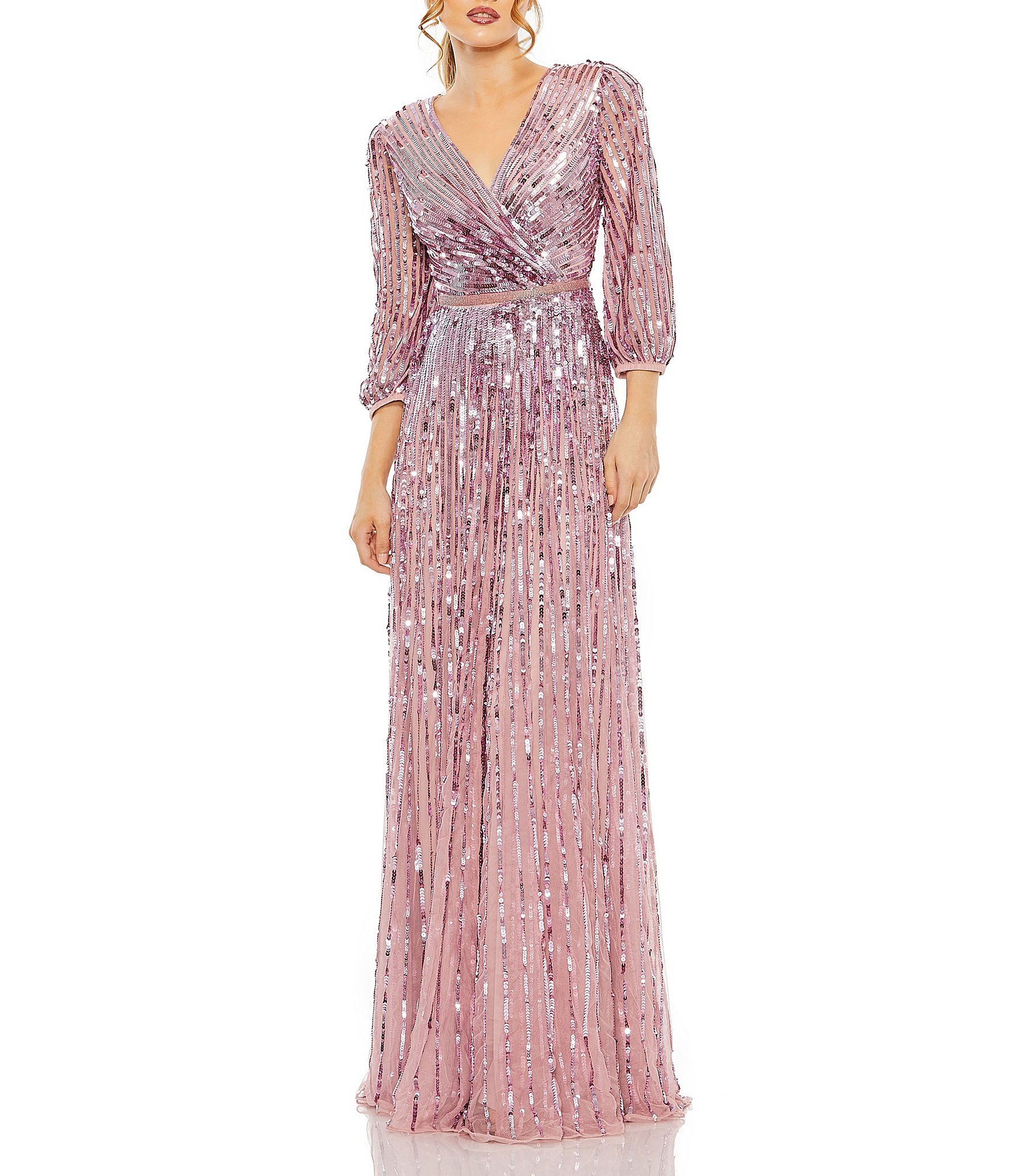 Mac Duggal Sequin Surplice V Neck 3 4 Sleeve Embellished A Line Gown