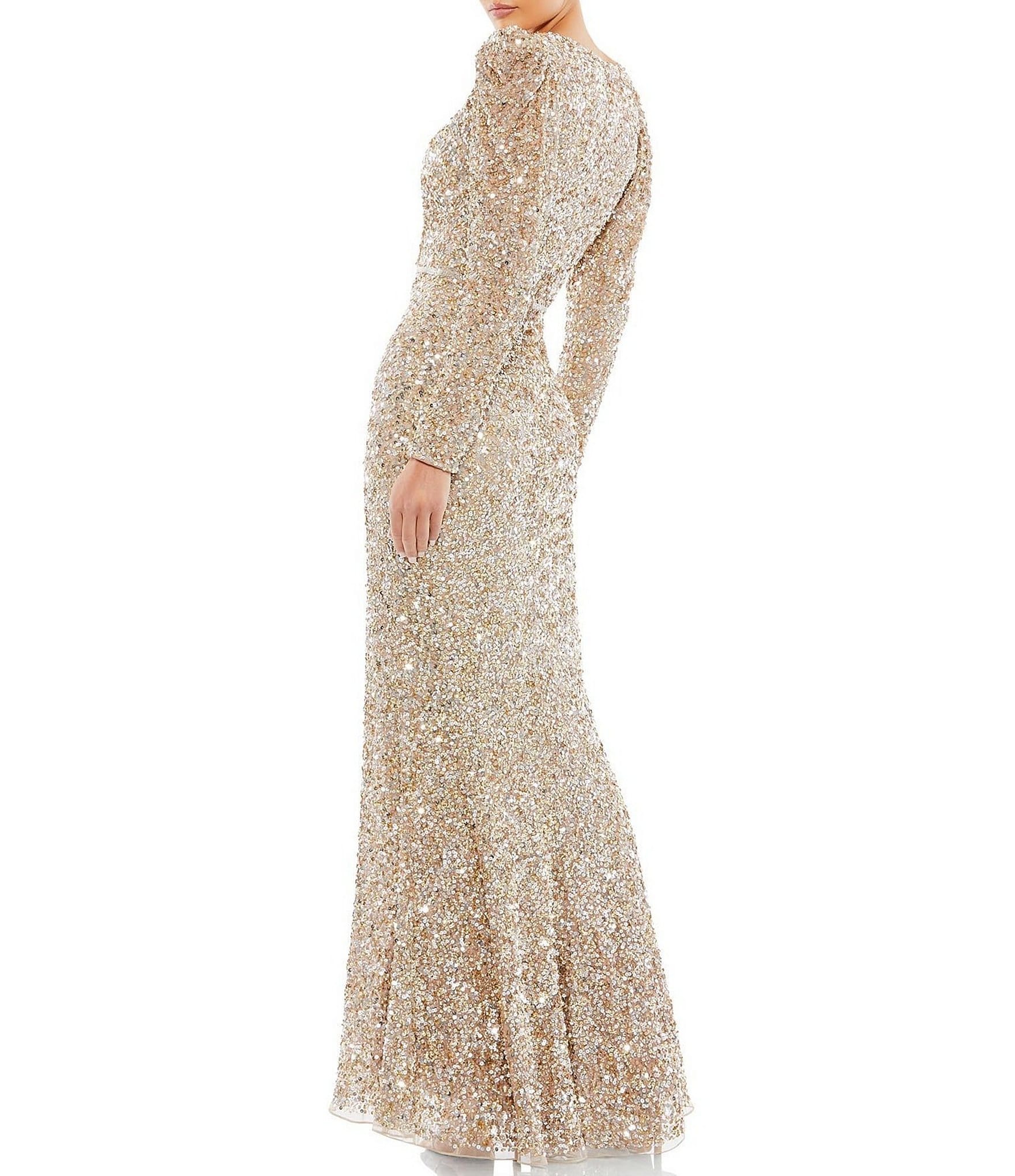 Mac Duggal Sequin Surplice V-Neck Long Puff Sleeve Faux Wrap Gown