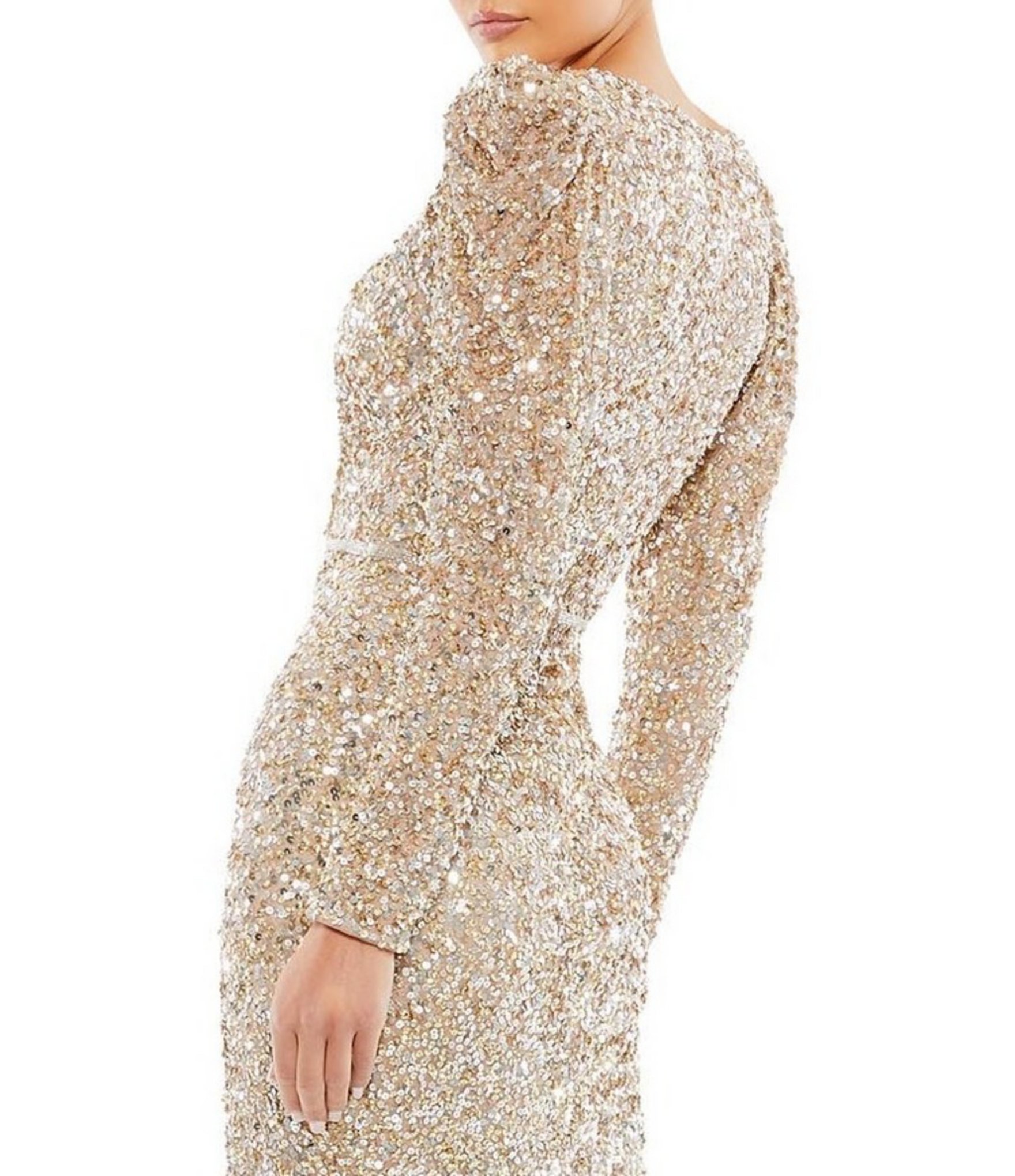 Mac Duggal Sequin Surplice V-Neck Long Puff Sleeve Faux Wrap Gown