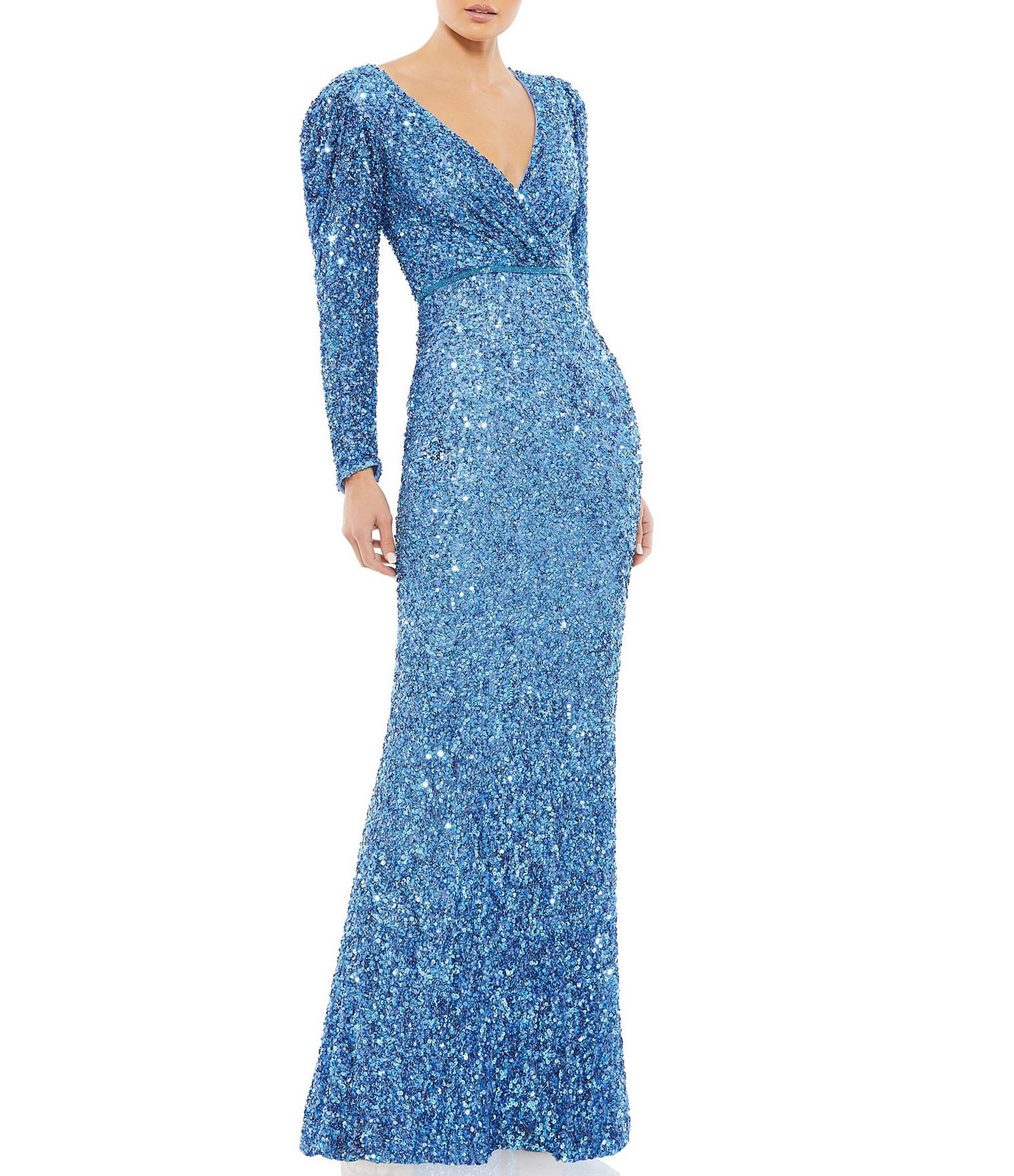 Mac Duggal Sequin Surplice V-Neck Long Puff Sleeve Faux Wrap Gown ...
