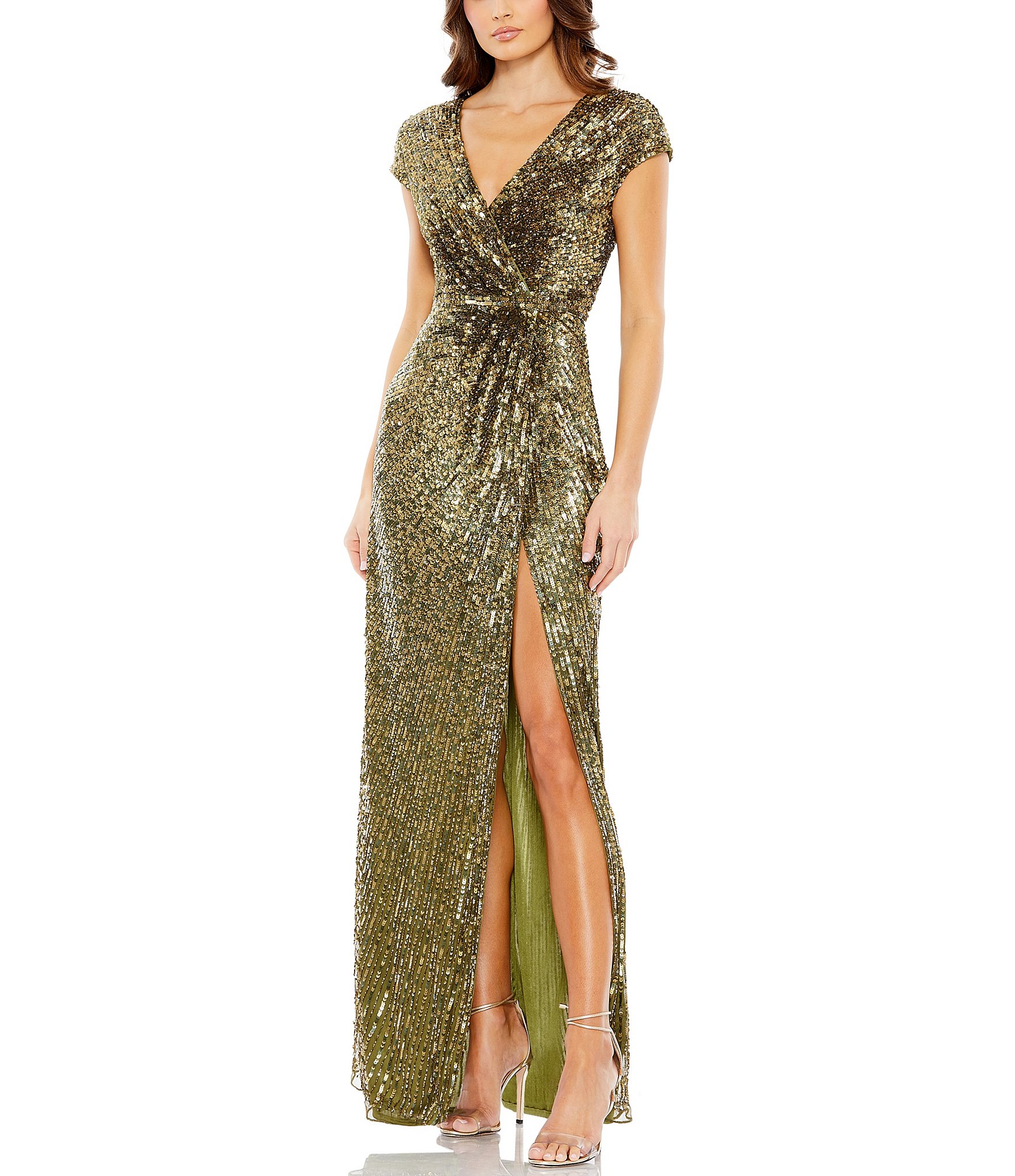 Mac Duggal Sequin V-Neck Cap Sleeve Faux Wrap Gown | Dillard's