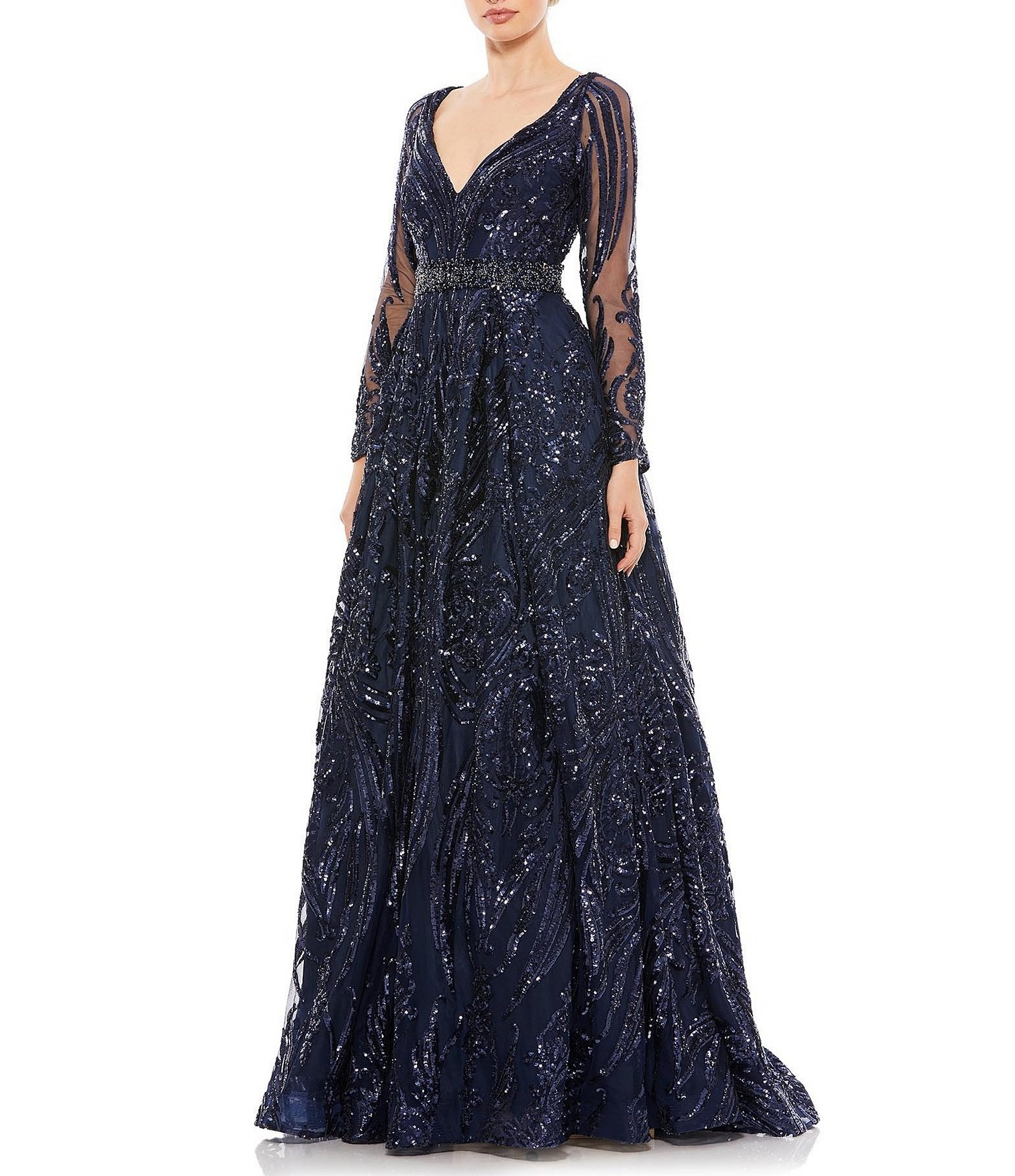 Mac Duggal Sequin V-Neck Long Sheer Sleeve Ball Gown