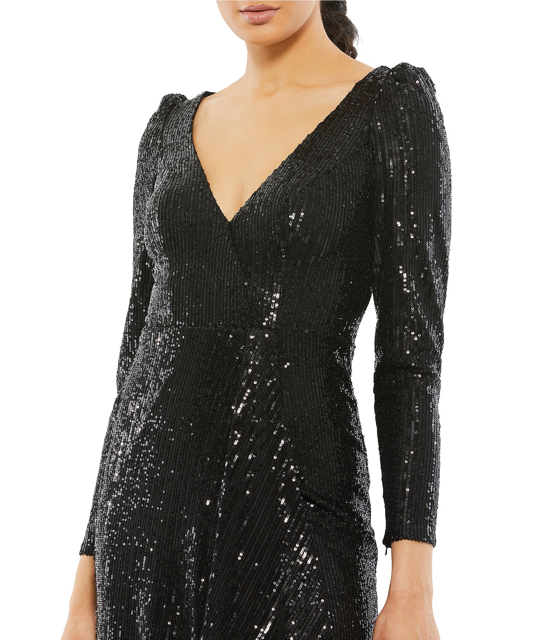 Mac Duggal Sequin Wrap Long Sleeve A-Line Gown