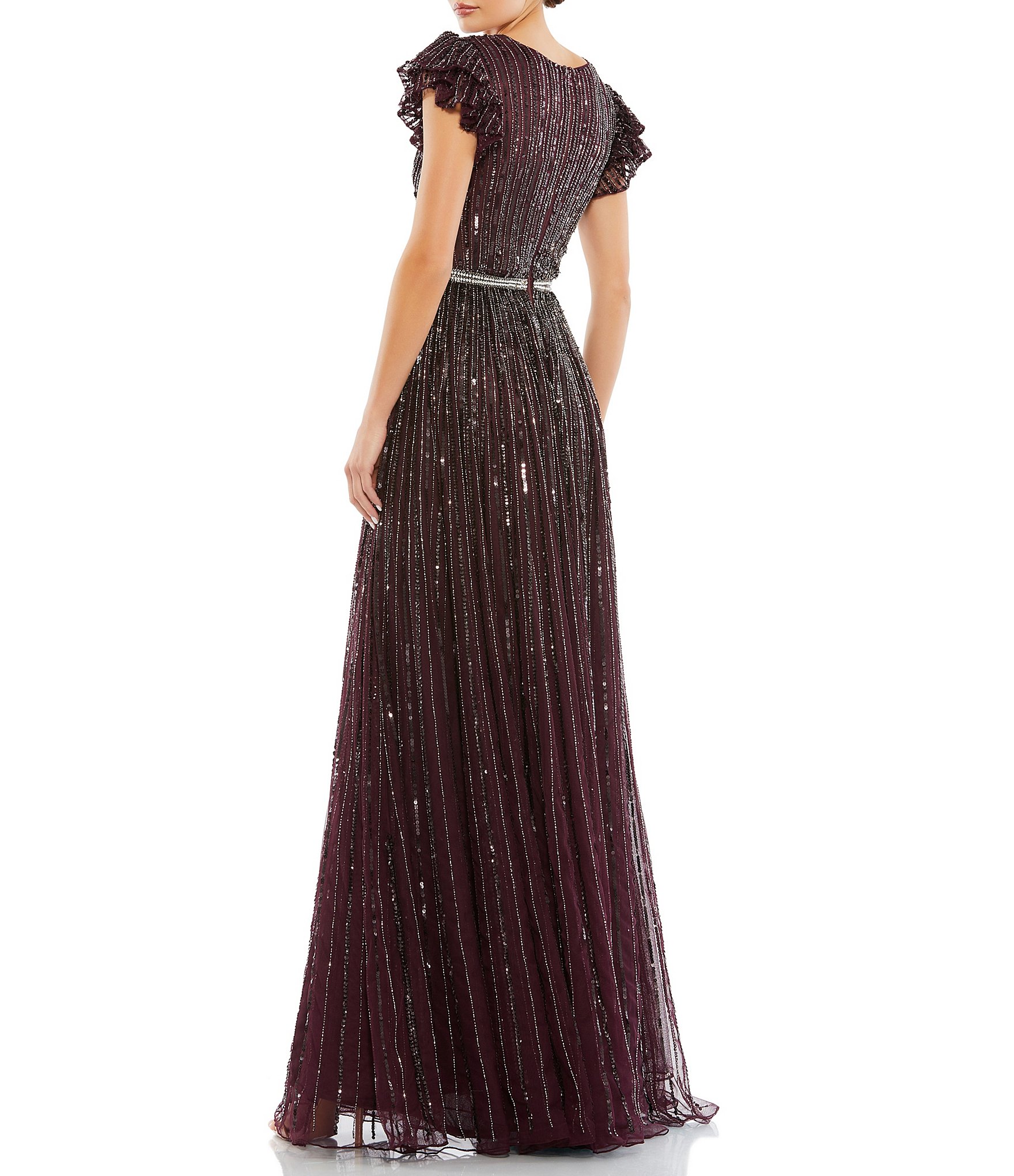 Mac Duggal Sequin Wrap Over Surplice V-Neck Ruffle Cap Sleeve Gown