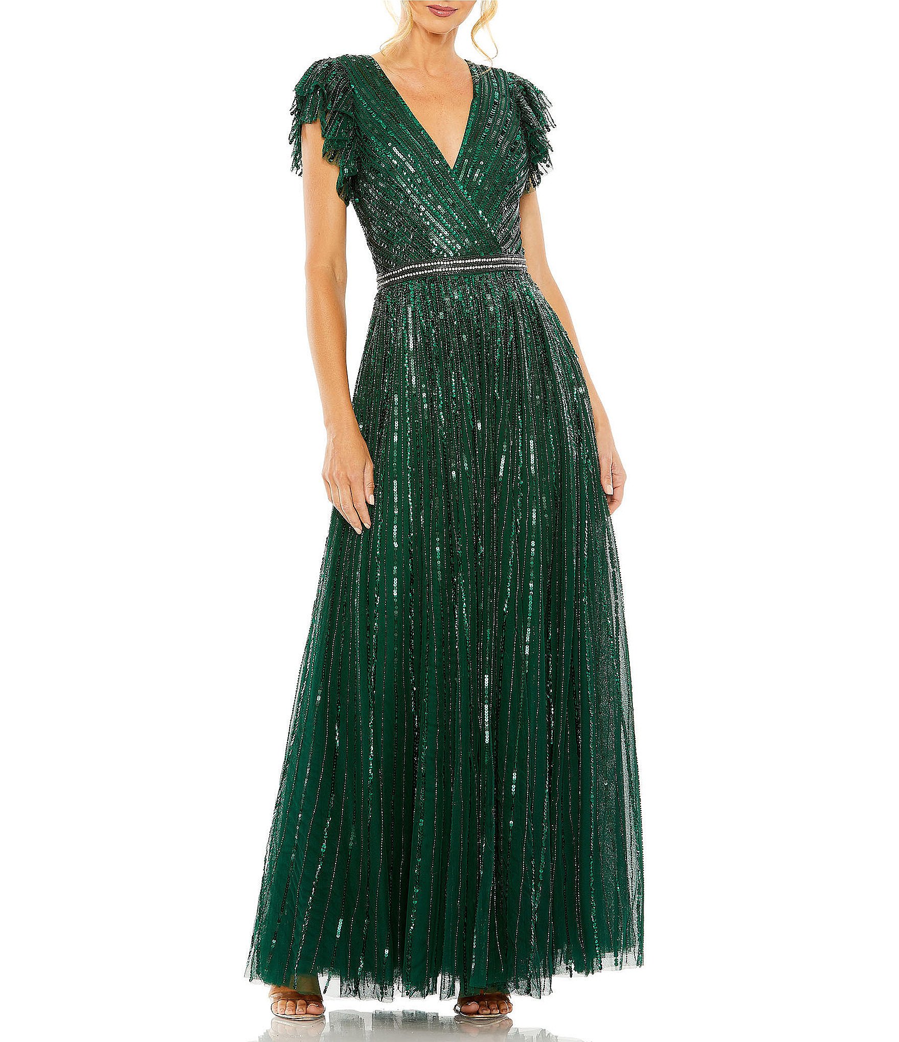 Mac Duggal Sequin Wrap Over Surplice V Neck Ruffle Cap Sleeve Gown