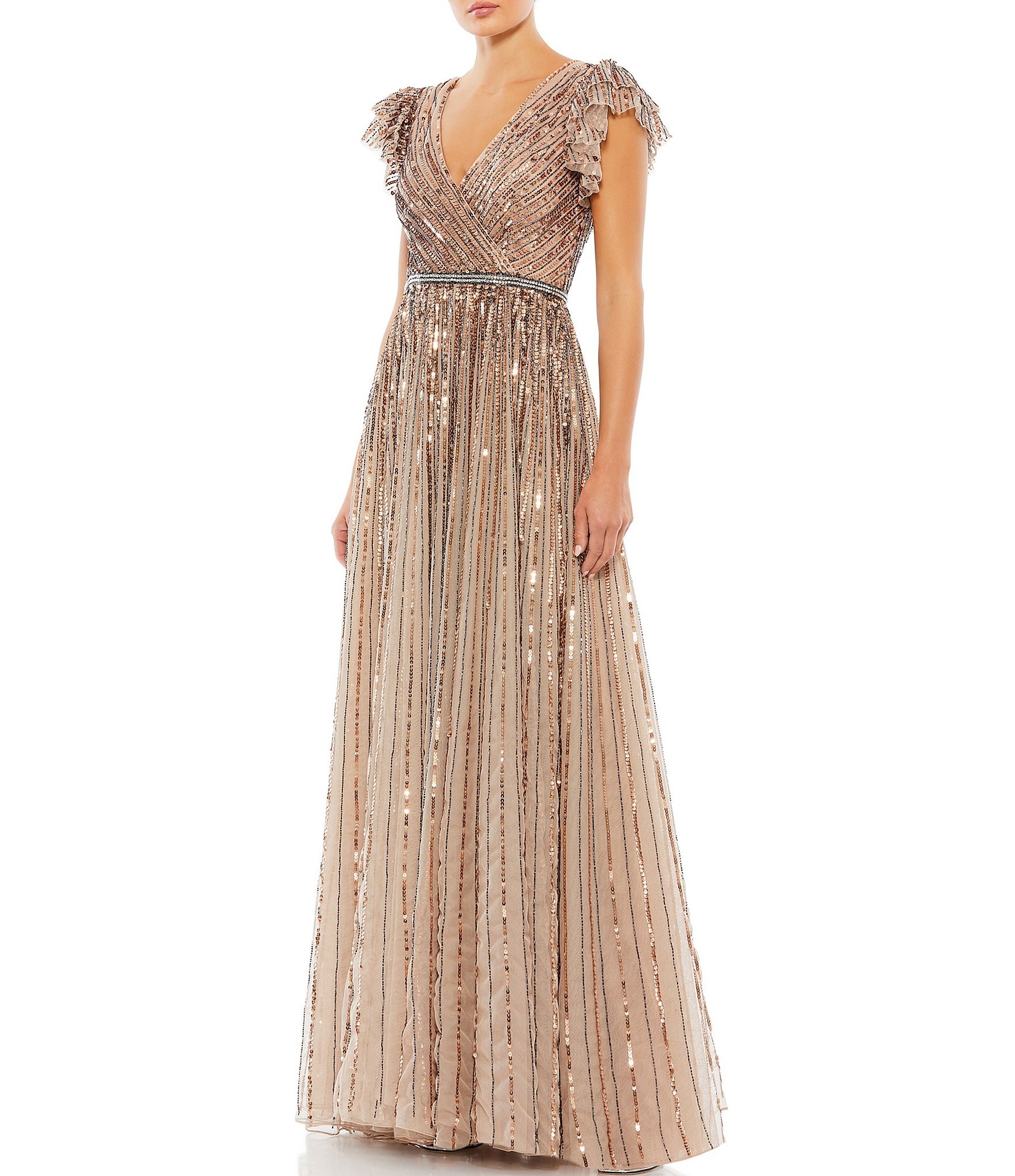 Mac Duggal Sequin Wrap Over Surplice V-Neck Ruffle Cap Sleeve Gown ...