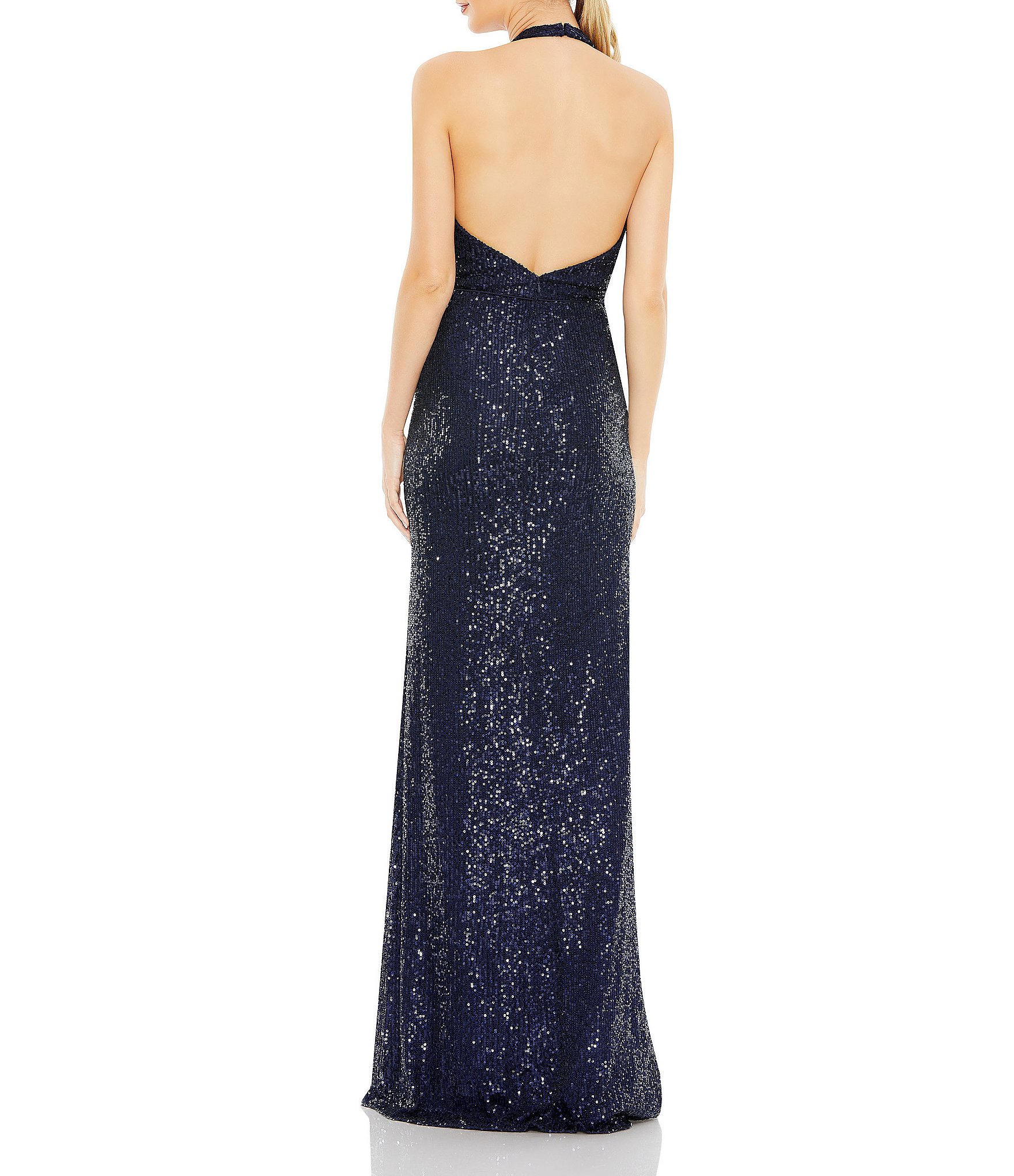 Mac Duggal Sequined Halter V-Neck Open Back A-Line Gown