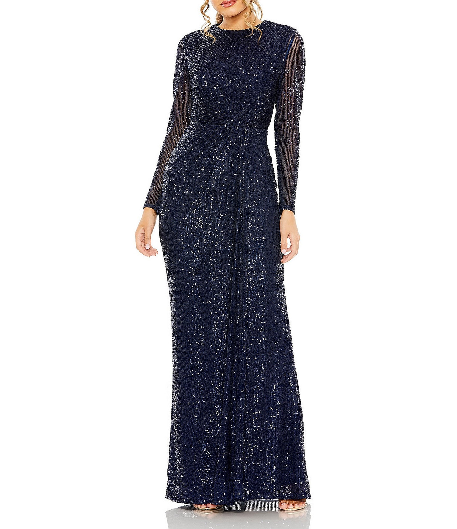 Mac Duggal Sequined Long Sleeve Side Knot Gown | Dillard's