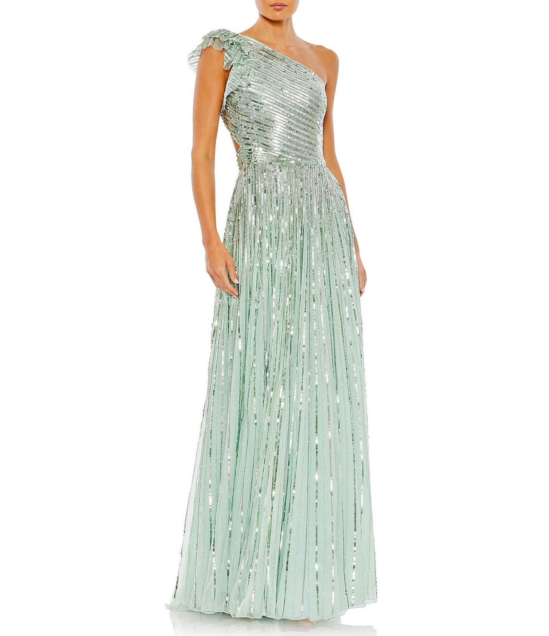 Mac Duggal Sequined One Shoulder Ruffle Flutter Sleeveless Back Detail ...