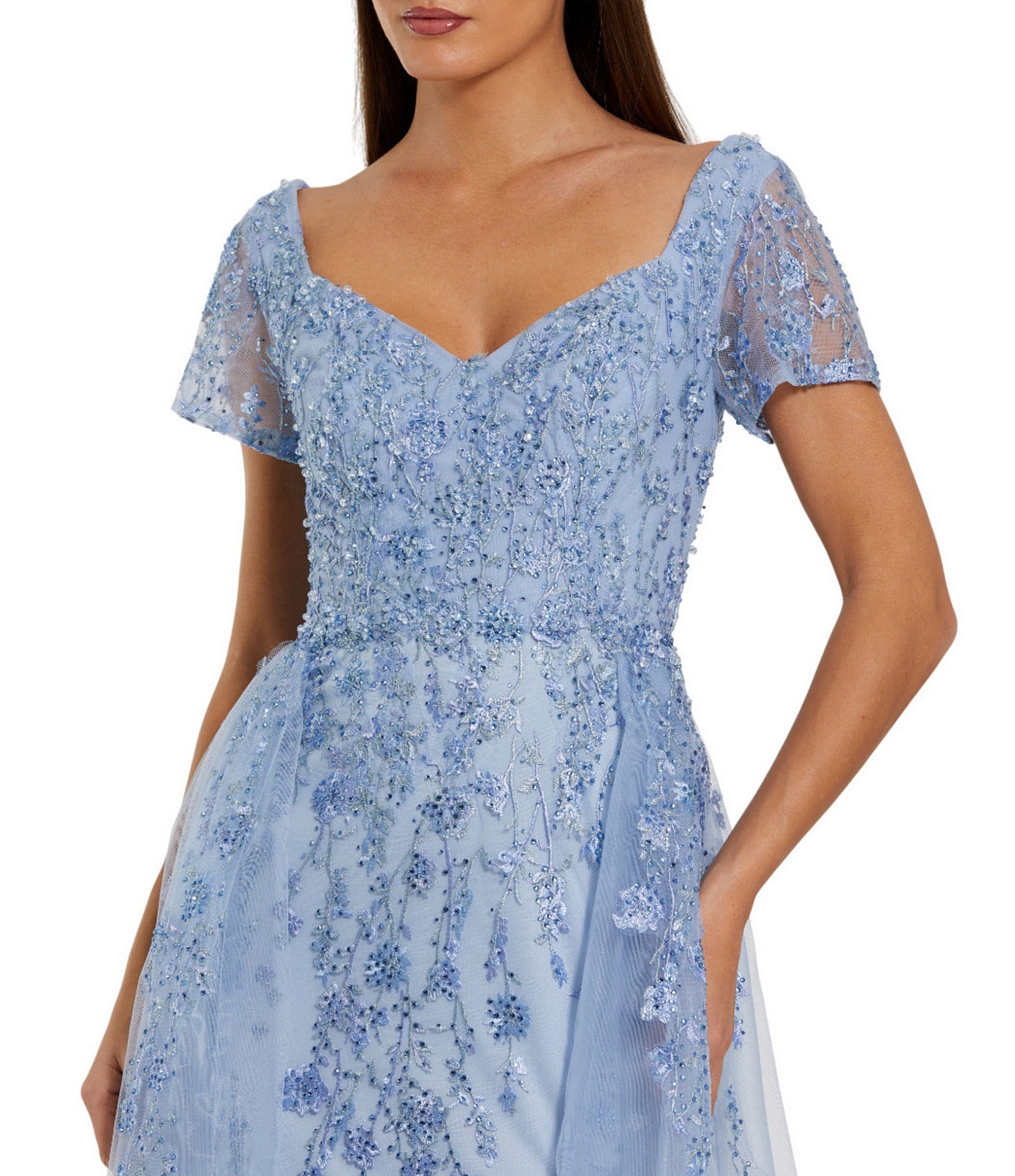 Mac Duggal Short Sleeve Beaded Embroidered Overskirt Gown