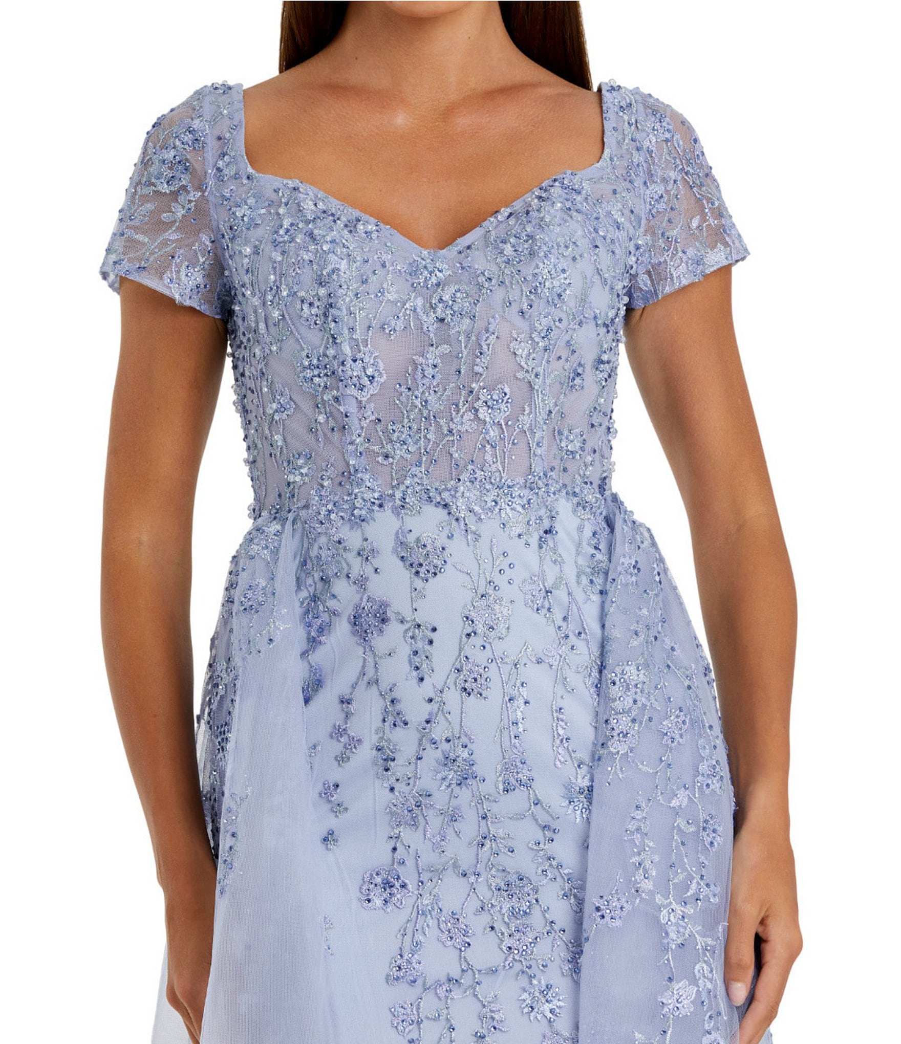 Mac Duggal Short Sleeve Beaded Embroidered Overskirt Gown